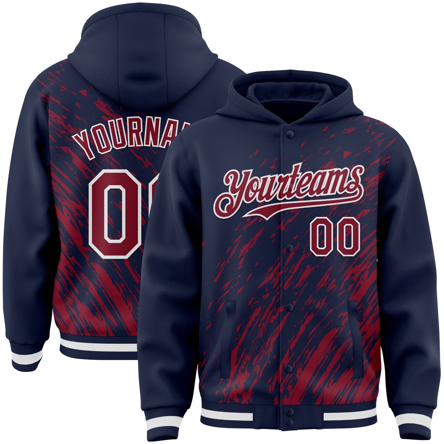 Custom Navy Crimson-White 3D Pattern Design Bomber Full-Snap Varsity Letterman Hoodie Jacket