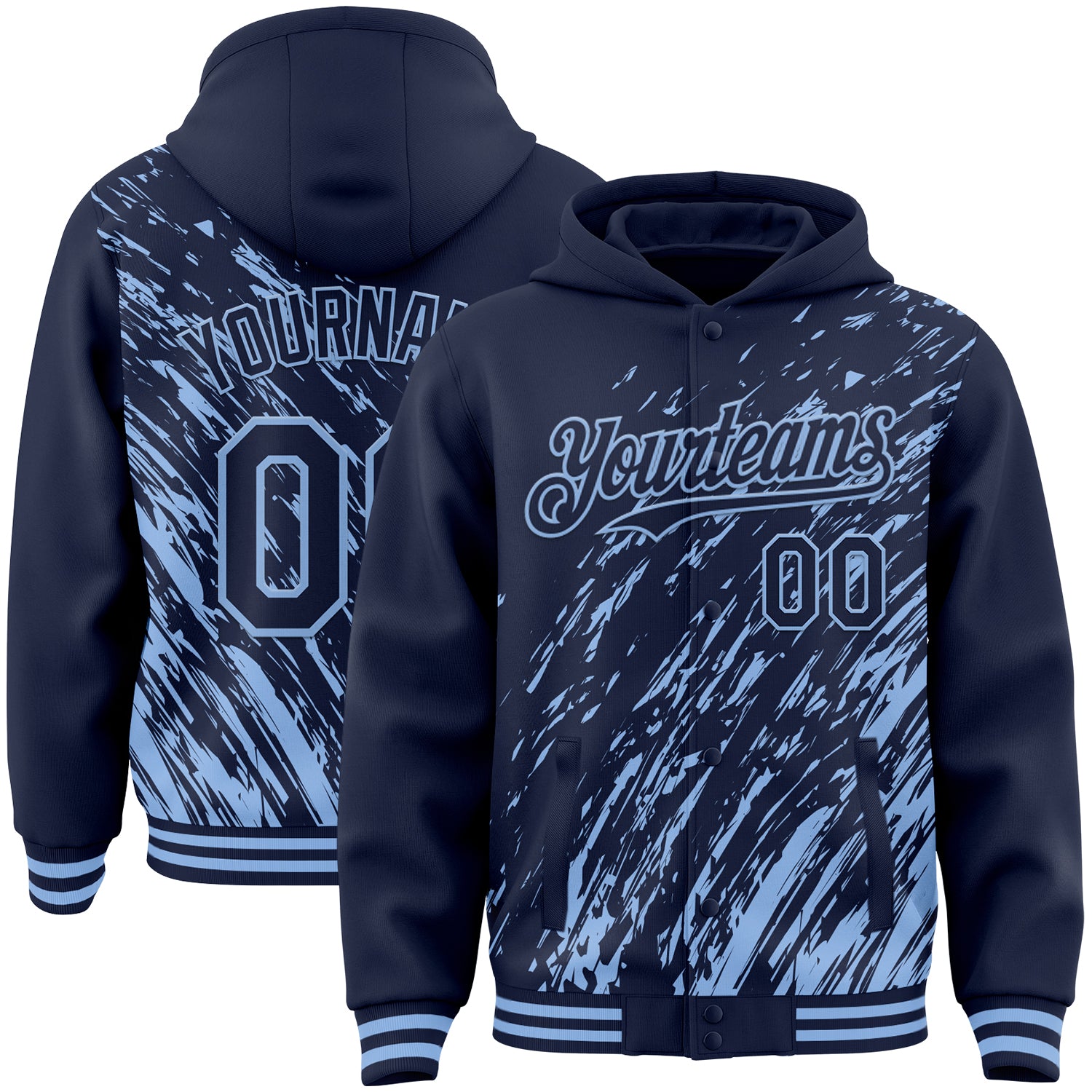 Custom Navy Navy-Light Blue 3D Pattern Design Bomber Full-Snap Varsity Letterman Hoodie Jacket