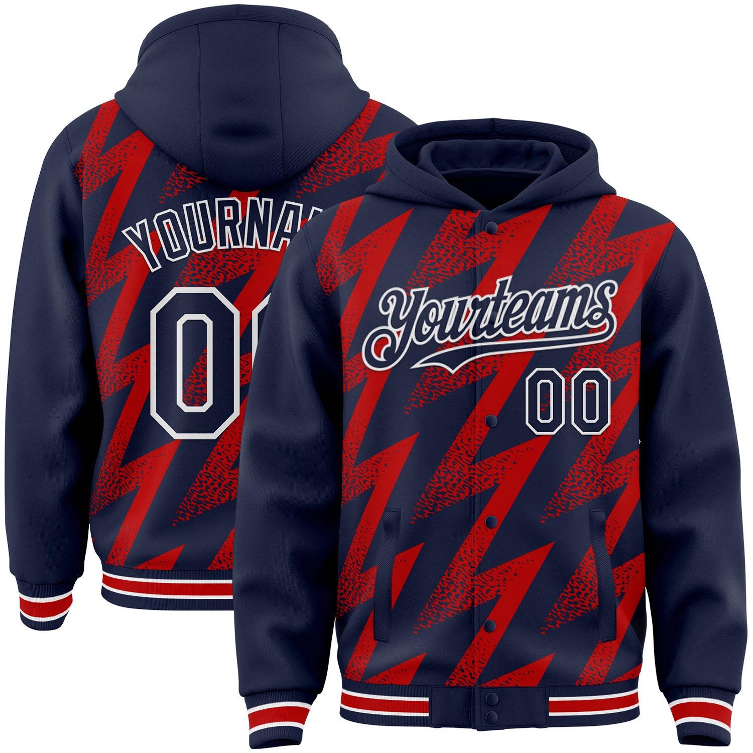 Custom Navy Red-White Zigzag Shape 3D Pattern Design Bomber Full-Snap Varsity Letterman Hoodie Jacket
