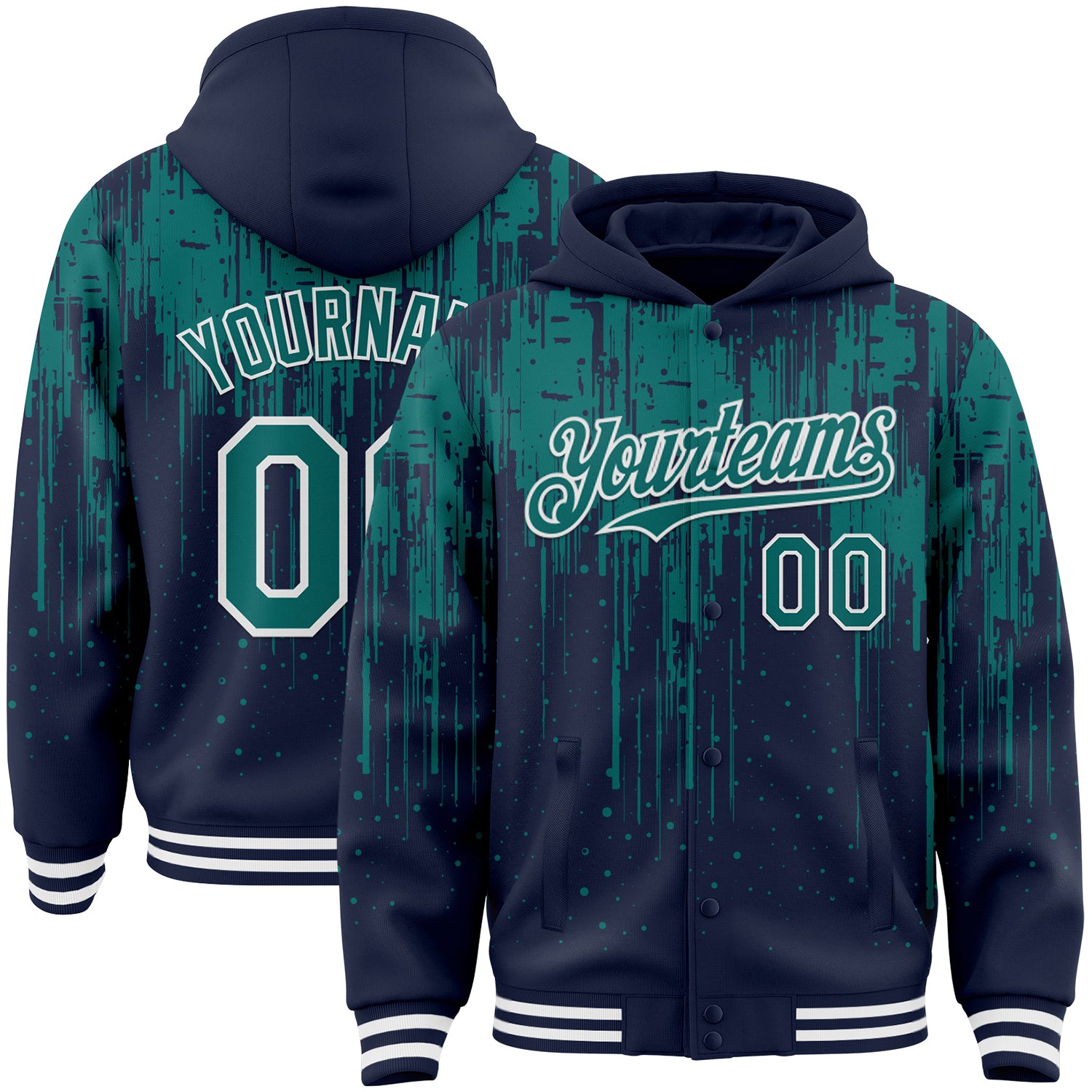 Custom Navy Teal-White Dripping Splatter 3D Pattern Design Bomber Full-Snap Varsity Letterman Hoodie Jacket