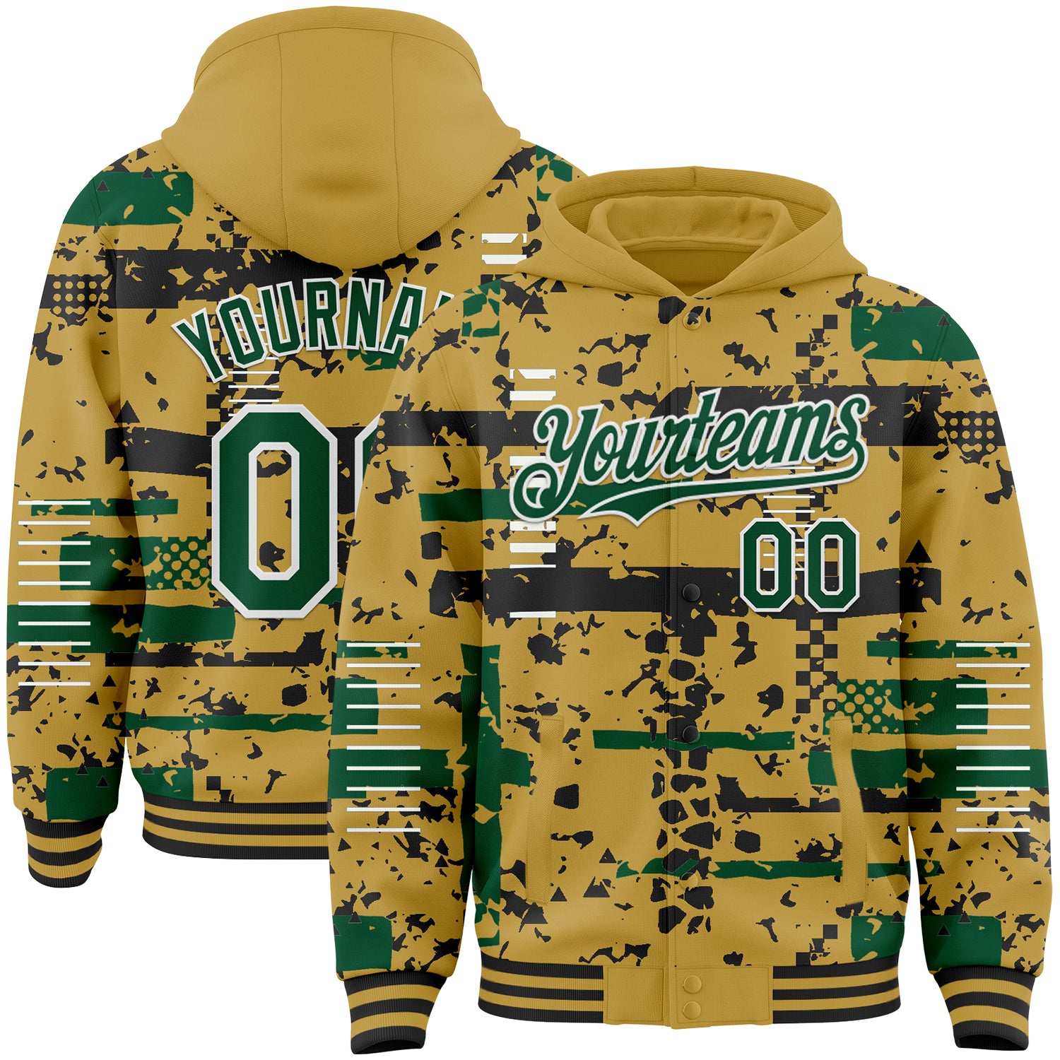 Custom Old Gold Kelly Green Black-White Abstract Fragment Shape 3D Pattern Design Bomber Full-Snap Varsity Letterman Hoodie Jacket