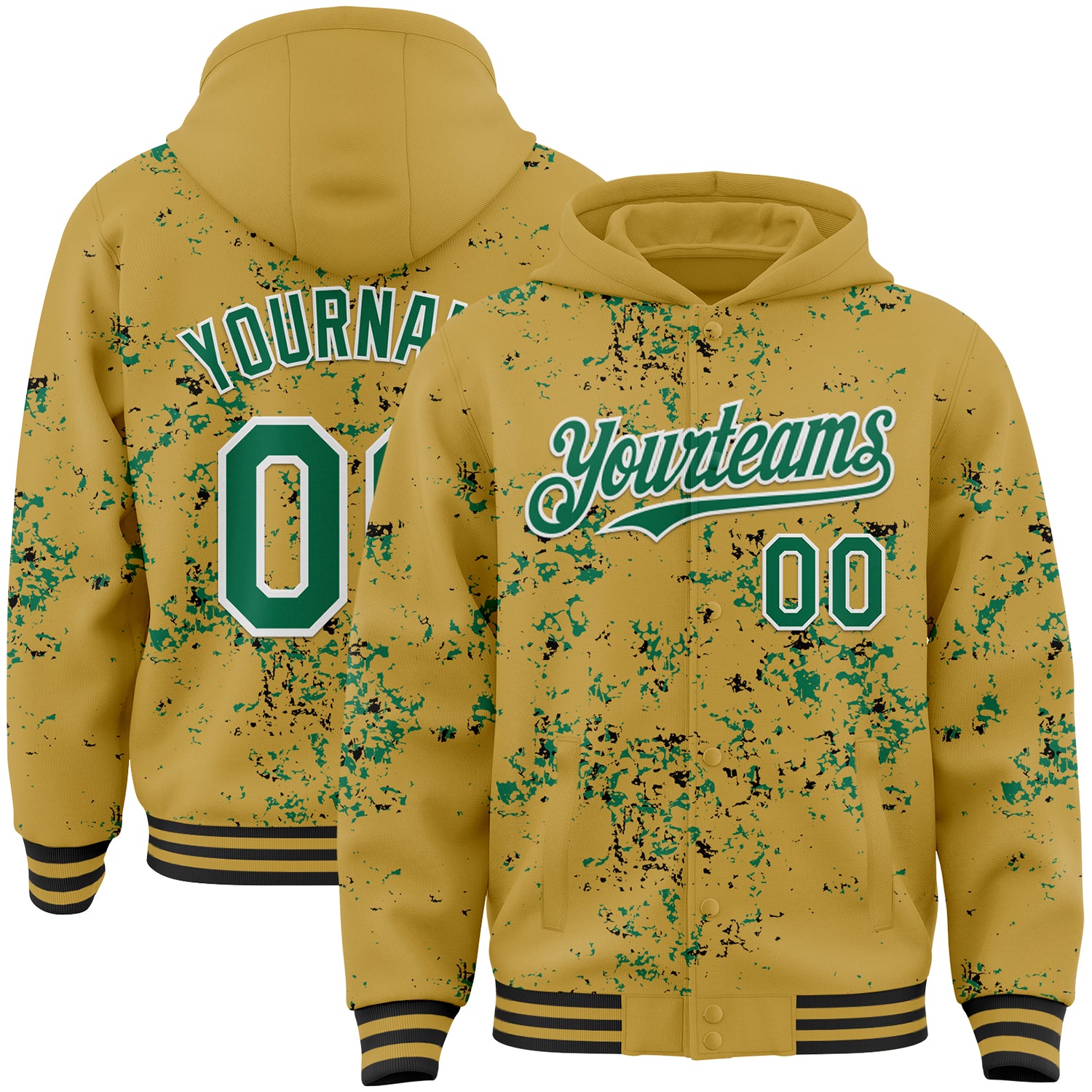 Custom Old Gold Kelly Green Black-White Fragment 3D Pattern Design Bomber Full-Snap Varsity Letterman Hoodie Jacket