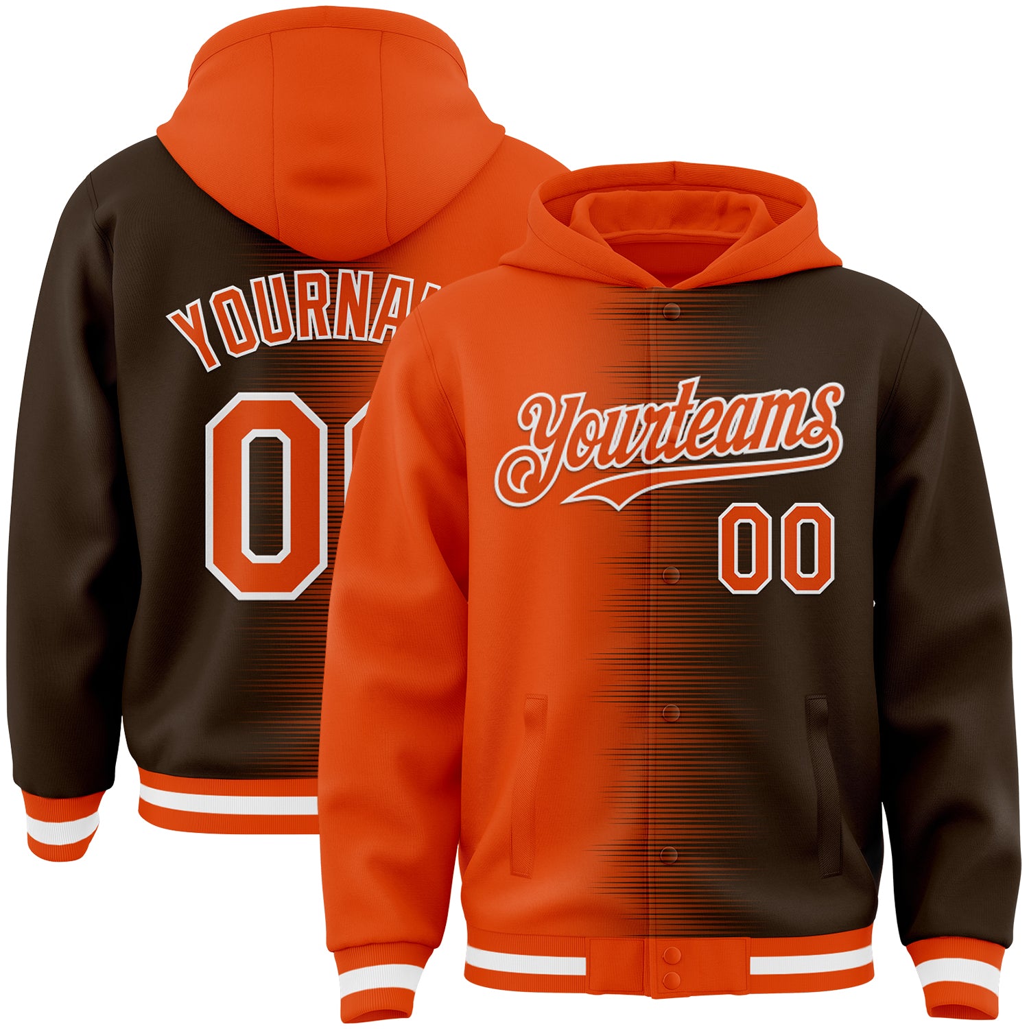 Custom Orange Brown-White Gradient Line Bomber Full-Snap Varsity Letterman Hoodie Jacket