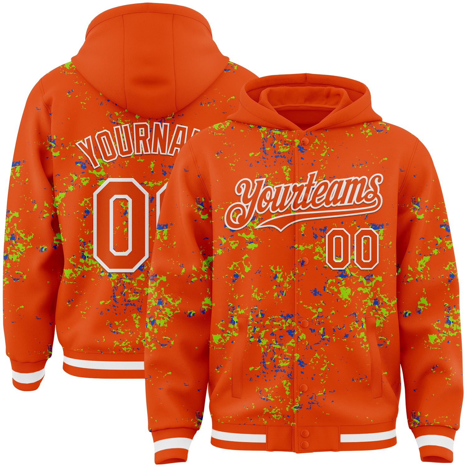 Custom Orange Neon Green Thunder Blue-White Fragment 3D Pattern Design Bomber Full-Snap Varsity Letterman Hoodie Jacket