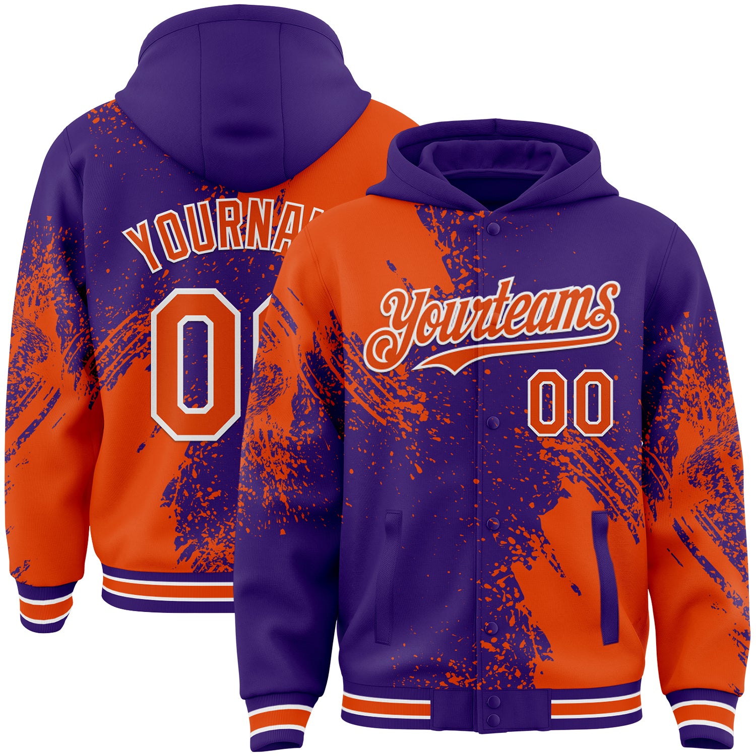 Custom Purple Orange-White Abstract Brush Stroke 3D Pattern Design Bomber Full-Snap Varsity Letterman Hoodie Jacket