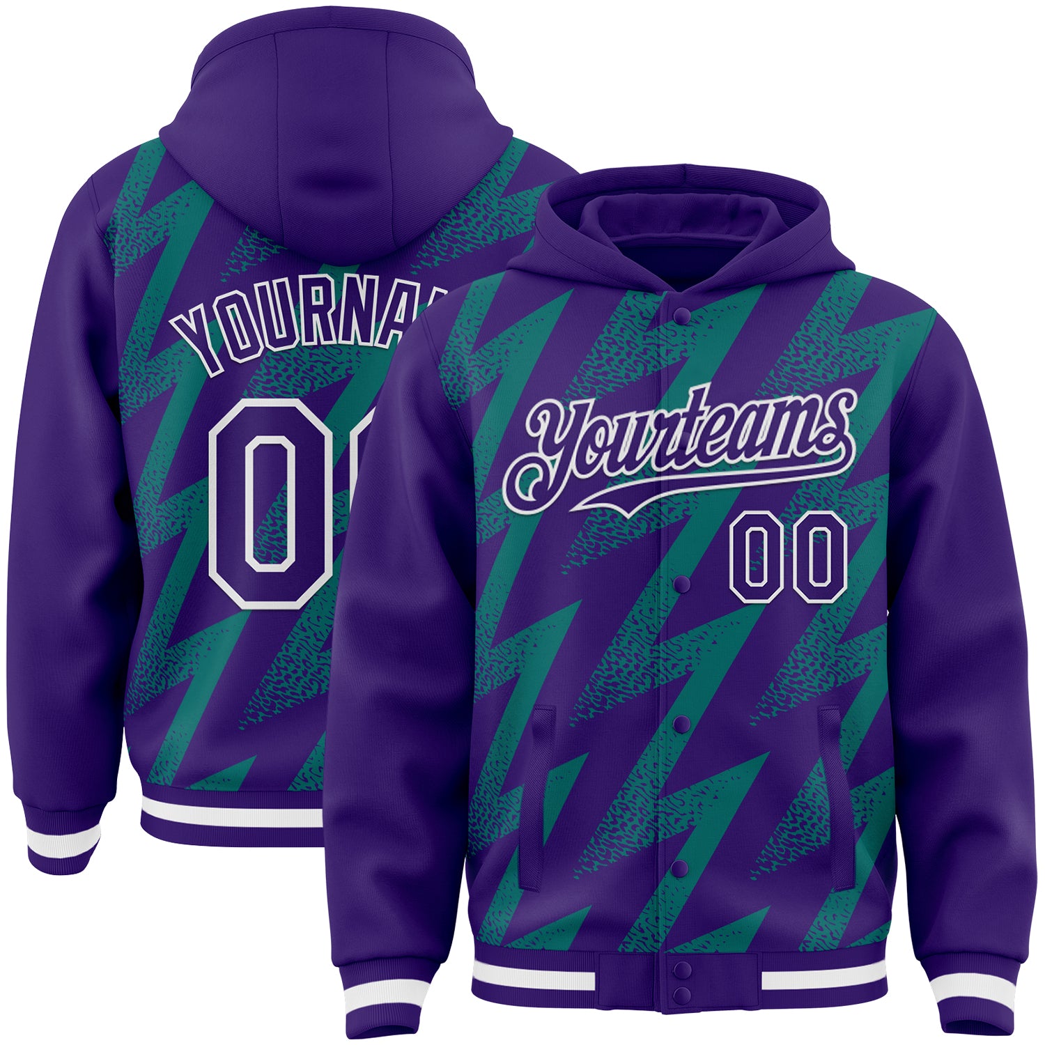 Custom Purple Teal-White Zigzag Shape 3D Pattern Design Bomber Full-Snap Varsity Letterman Hoodie Jacket