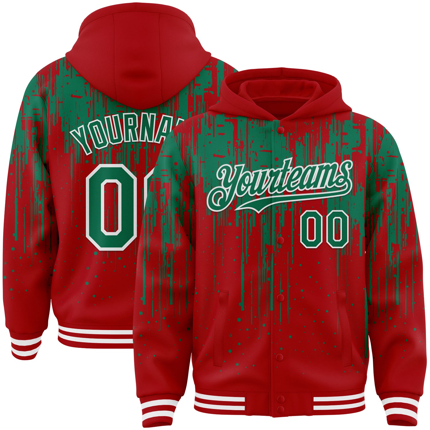 Custom Royal Kelly Green-White Dripping Splatter 3D Pattern Design Bomber Full-Snap Varsity Letterman Hoodie Jacket