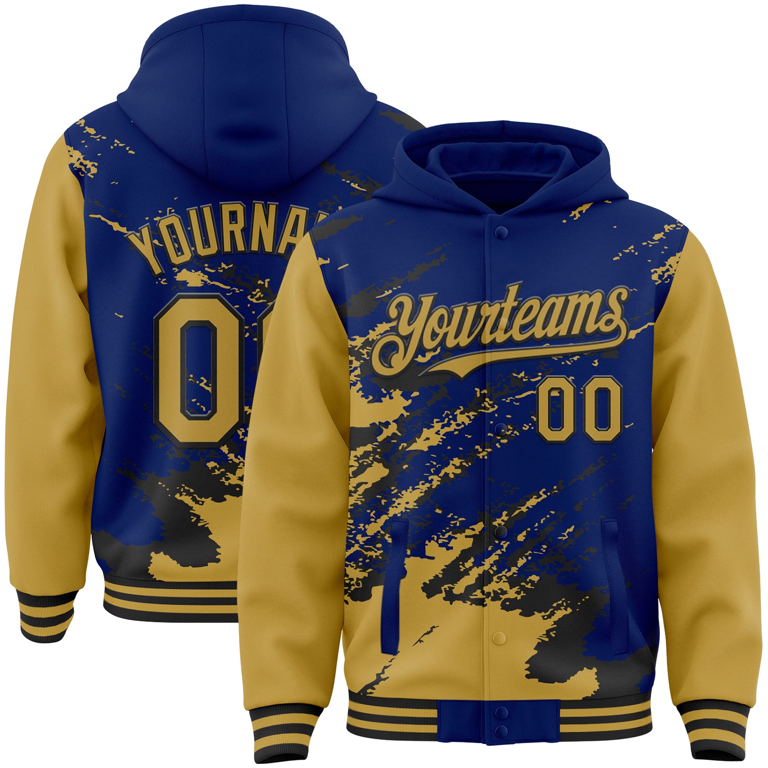 Custom Royal Old Gold-Black Splash Art 3D Pattern Design Bomber Full-Snap Varsity Letterman Hoodie Jacket
