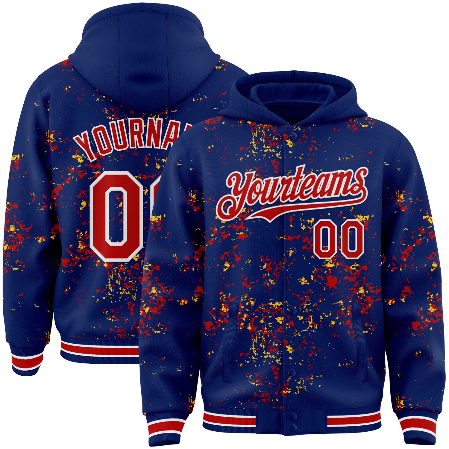 Custom Royal Red Gold-White Fragment 3D Pattern Design Bomber Full-Snap Varsity Letterman Hoodie Jacket
