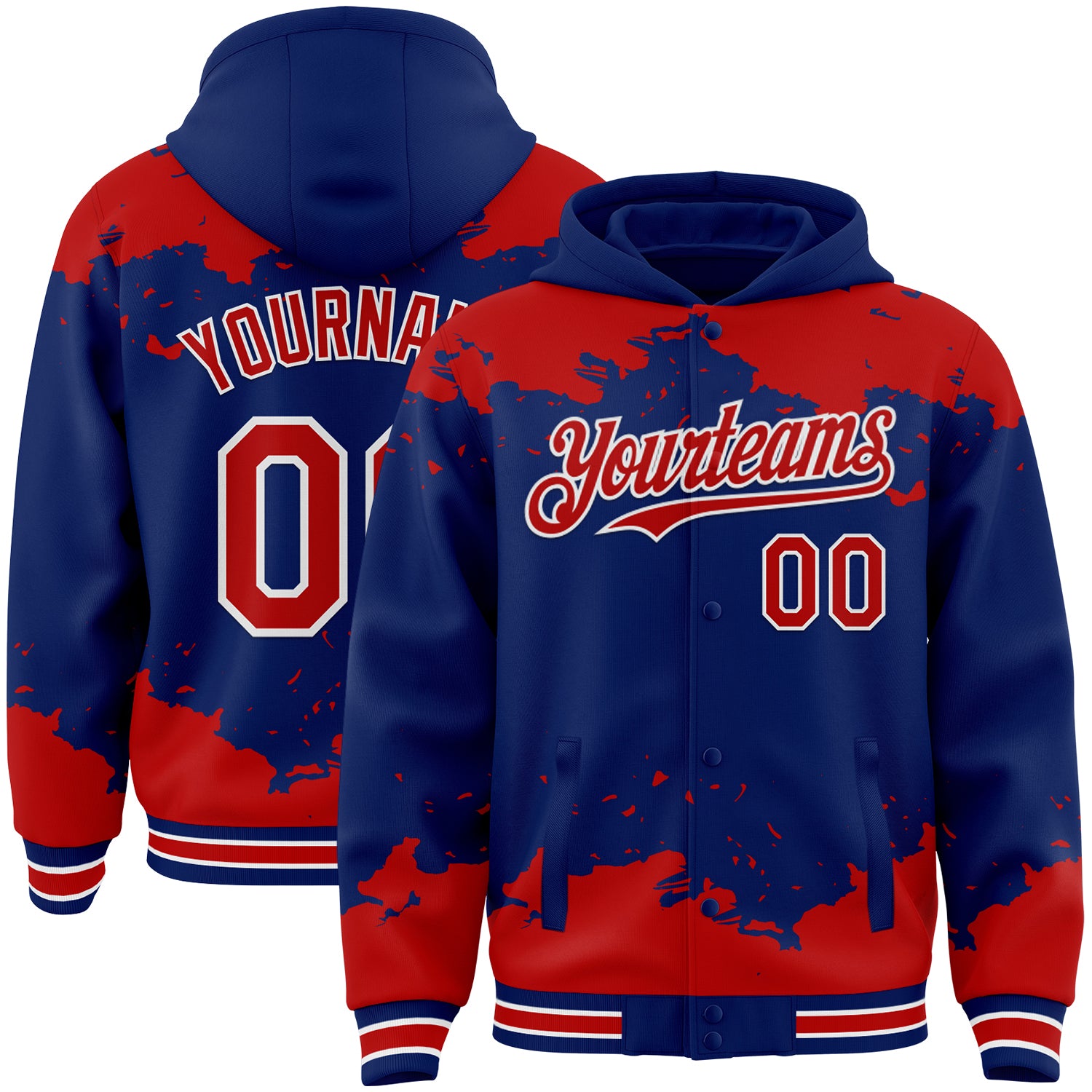 Custom Royal Red-White Splash Art 3D Pattern Design Bomber Full-Snap Varsity Letterman Hoodie Jacket