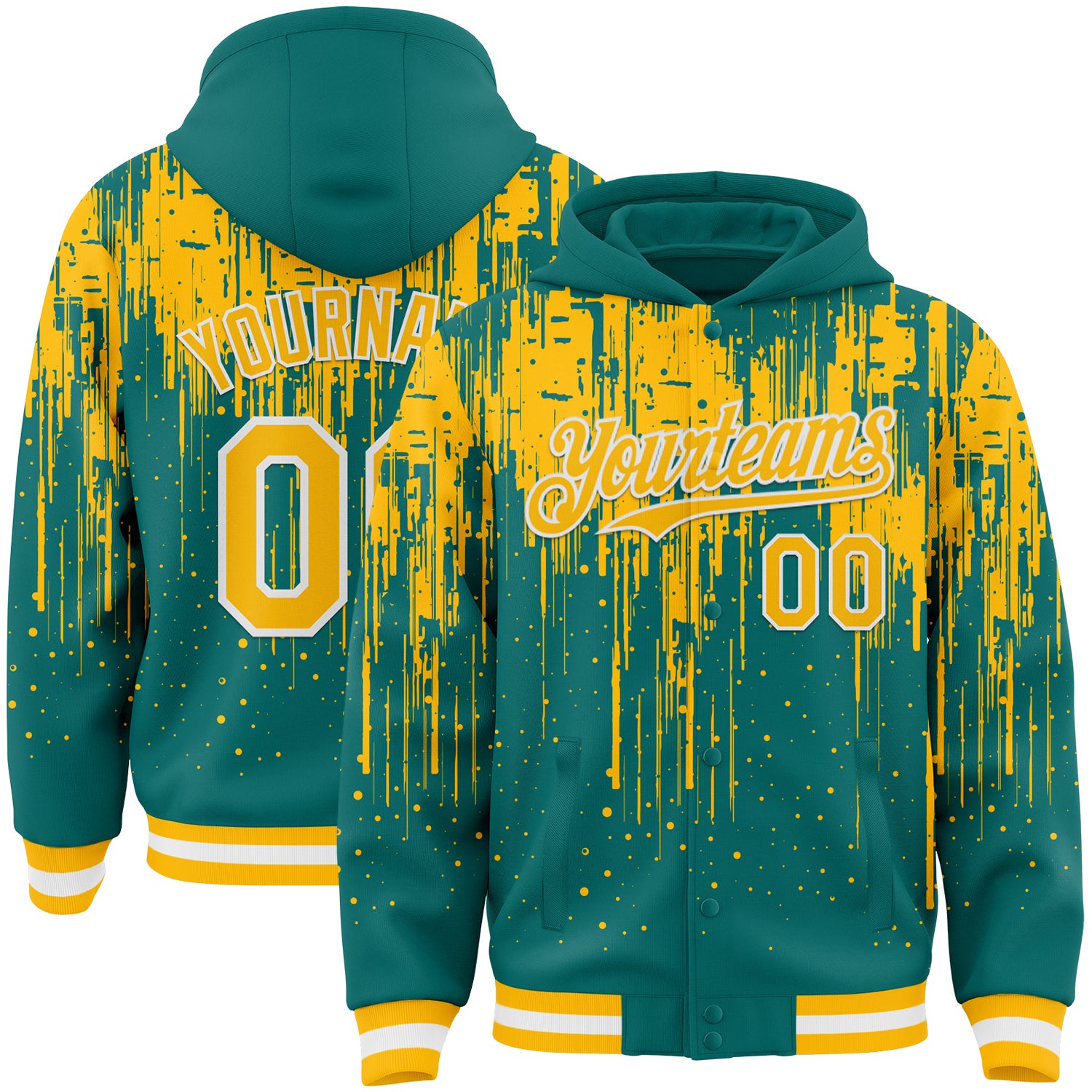 Custom Teal Gold-White Dripping Splatter 3D Pattern Design Bomber Full-Snap Varsity Letterman Hoodie Jacket