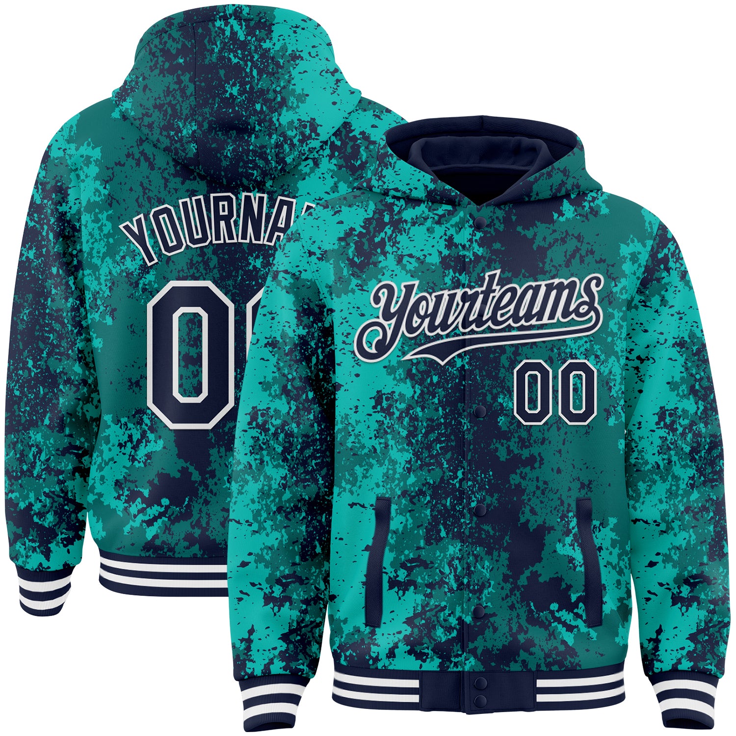 Custom Teal Navy-White 3D Pattern Design Bomber Full-Snap Varsity Letterman Hoodie Jacket