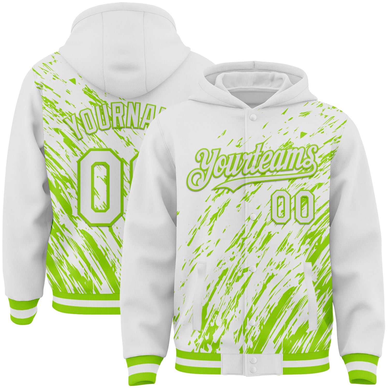 Custom White White-Neon Green 3D Pattern Design Bomber Full-Snap Varsity Letterman Hoodie Jacket