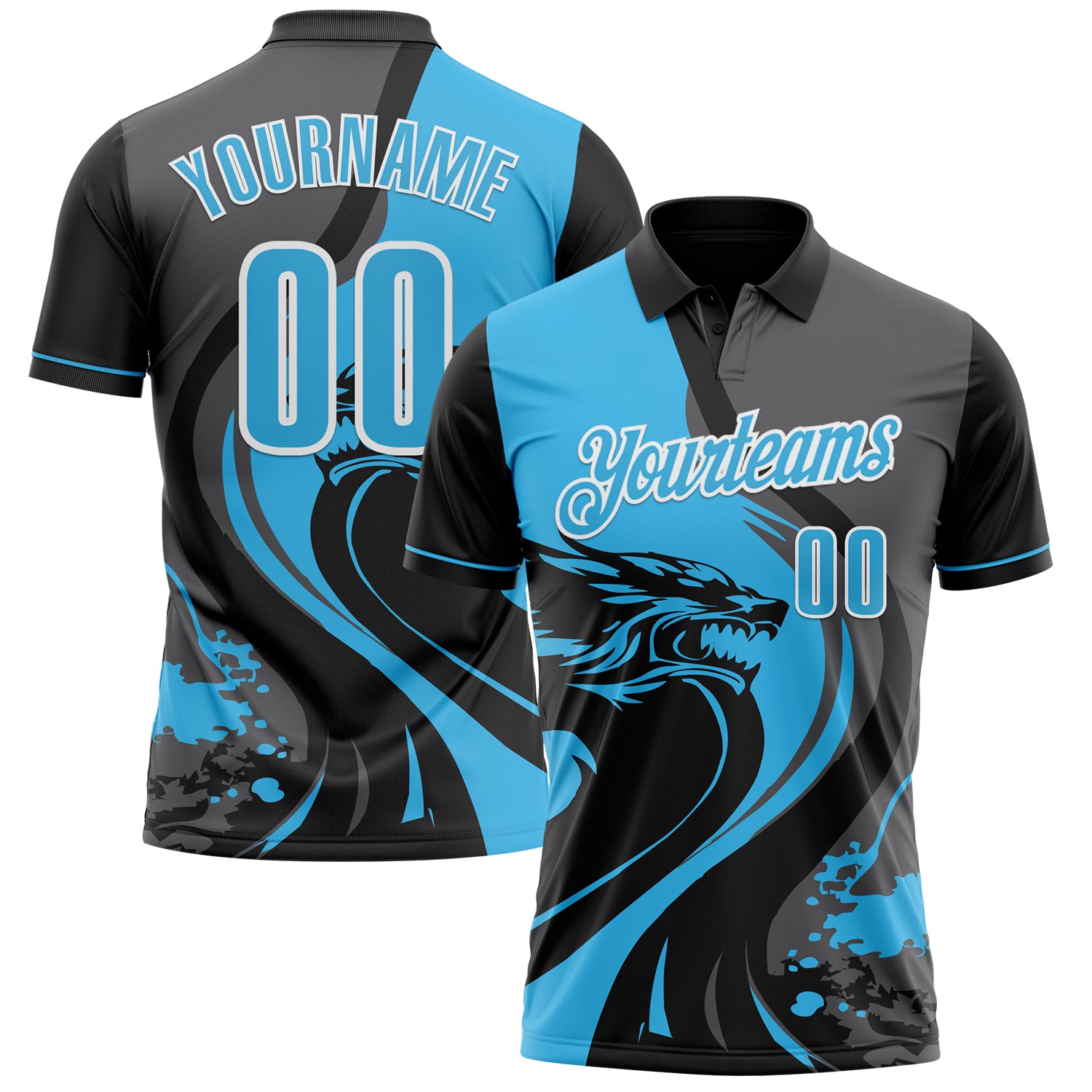 Custom Black Sky Blue Steel Gray-White 3D Pattern Design Animal Wolf And Splash Performance Polo Shirt