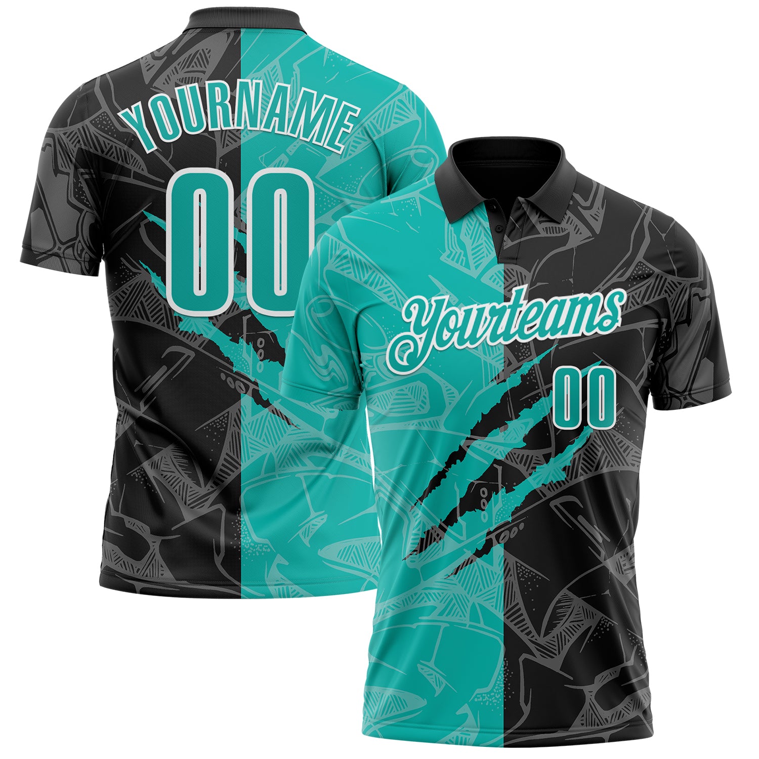 Custom Graffiti Pattern Aqua Black-White 3D Scratch Performance Polo Shirt