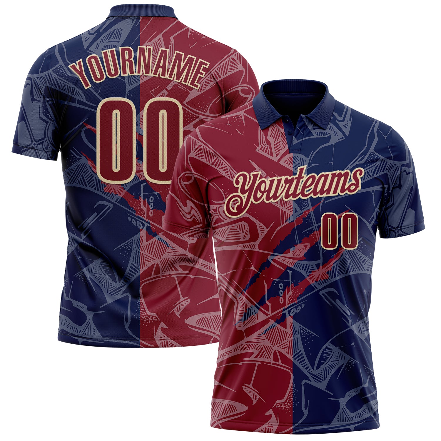 Custom Graffiti Pattern Crimson Navy-Cream 3D Scratch Performance Polo Shirt