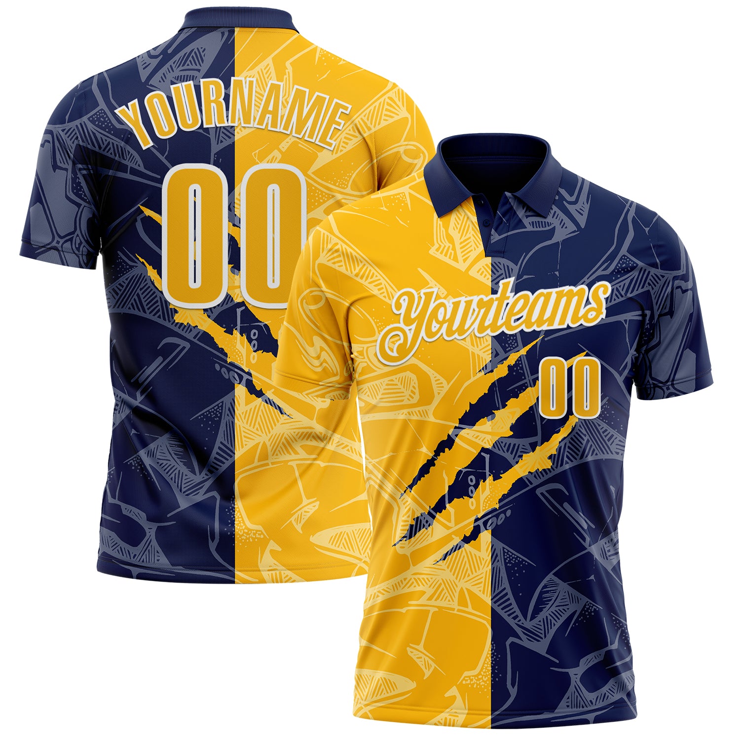Custom Graffiti Pattern Gold Navy-White 3D Scratch Performance Polo Shirt