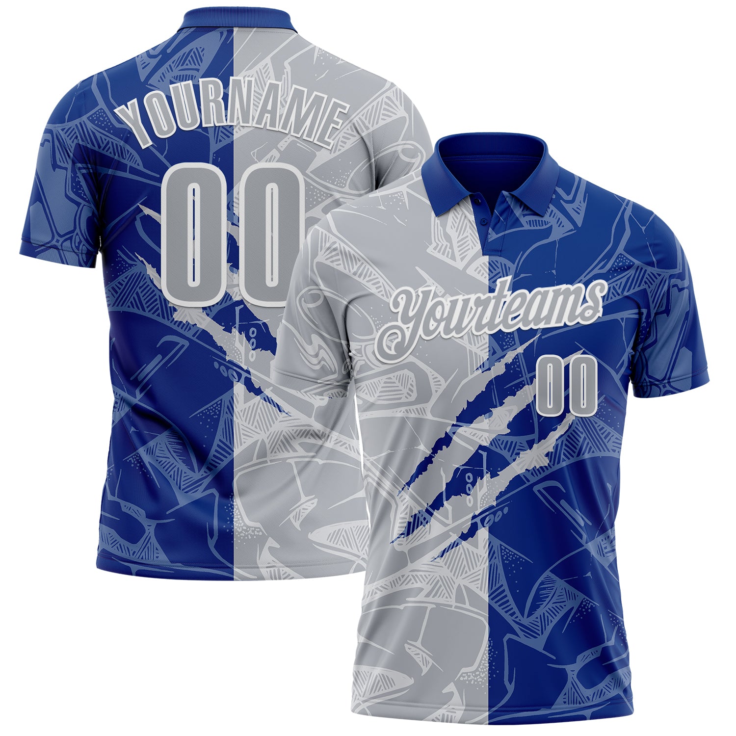 Custom Graffiti Pattern Gray Royal-White 3D Scratch Performance Polo Shirt