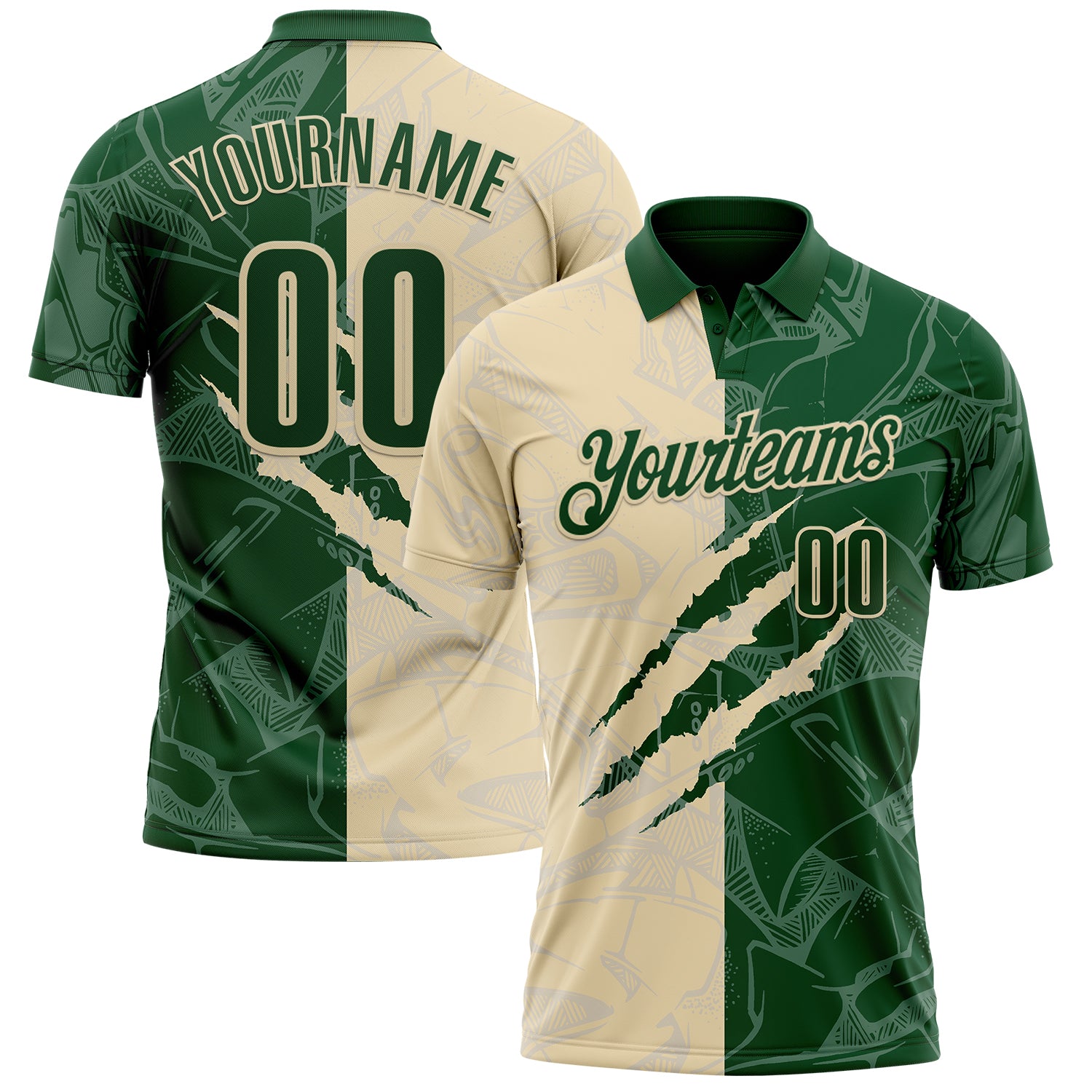 Custom Graffiti Pattern Green-Cream 3D Scratch Performance Polo Shirt