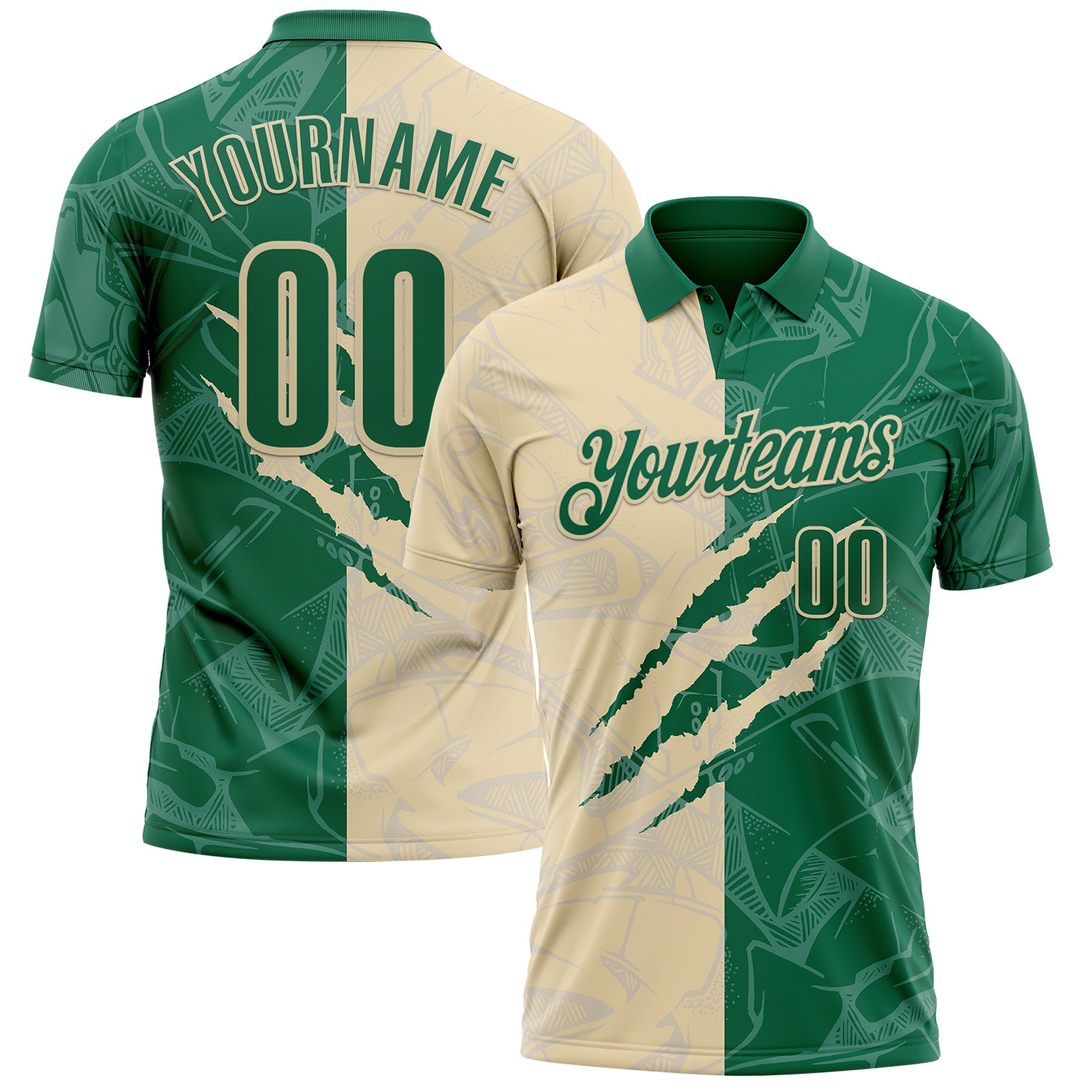 Custom Graffiti Pattern Kelly Green-Cream 3D Scratch Performance Polo Shirt