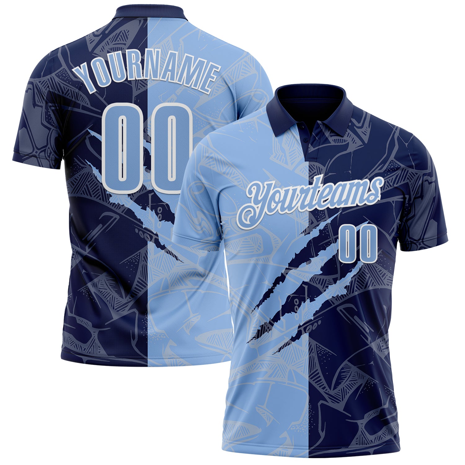 Custom Graffiti Pattern Light Blue Navy-White 3D Scratch Performance Polo Shirt