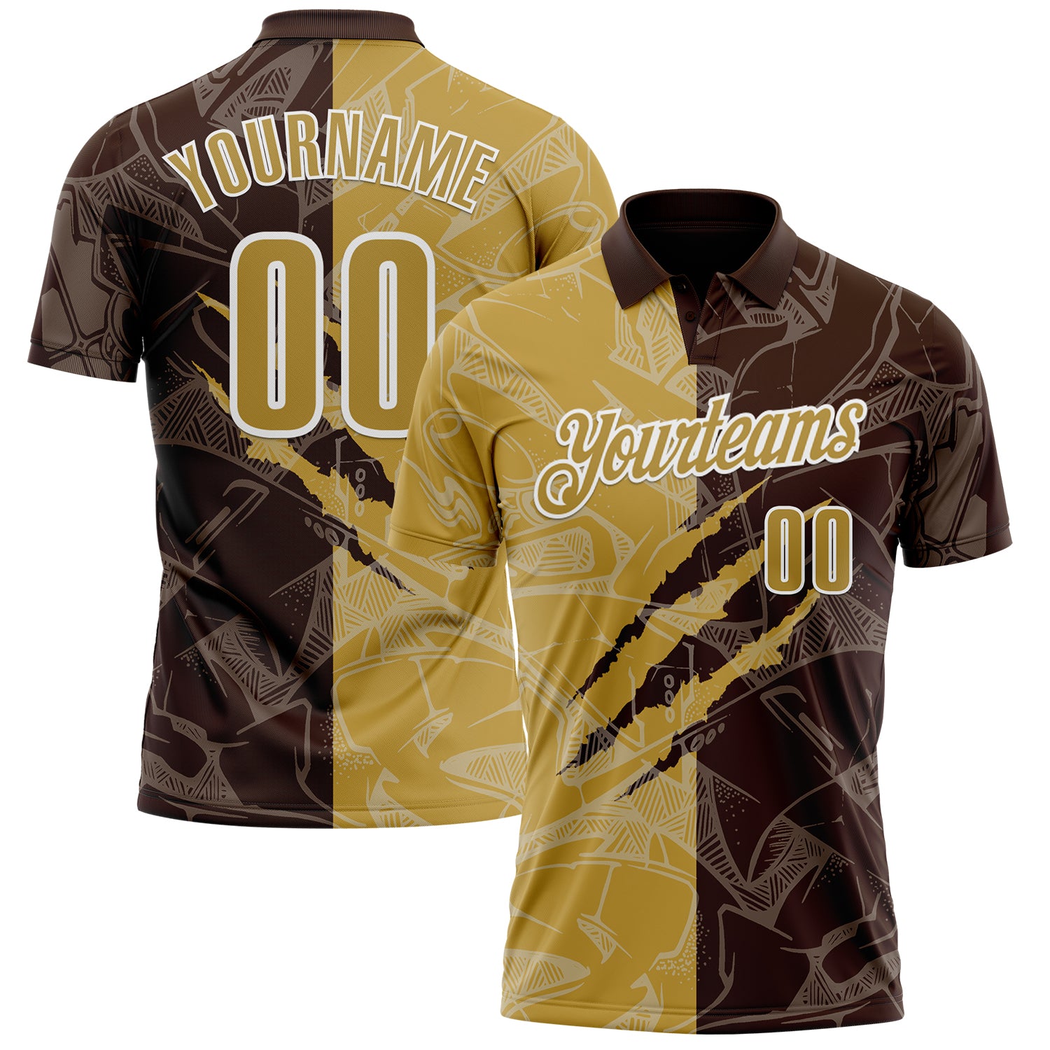 Custom Graffiti Pattern Old Gold Brown-White 3D Scratch Performance Polo Shirt