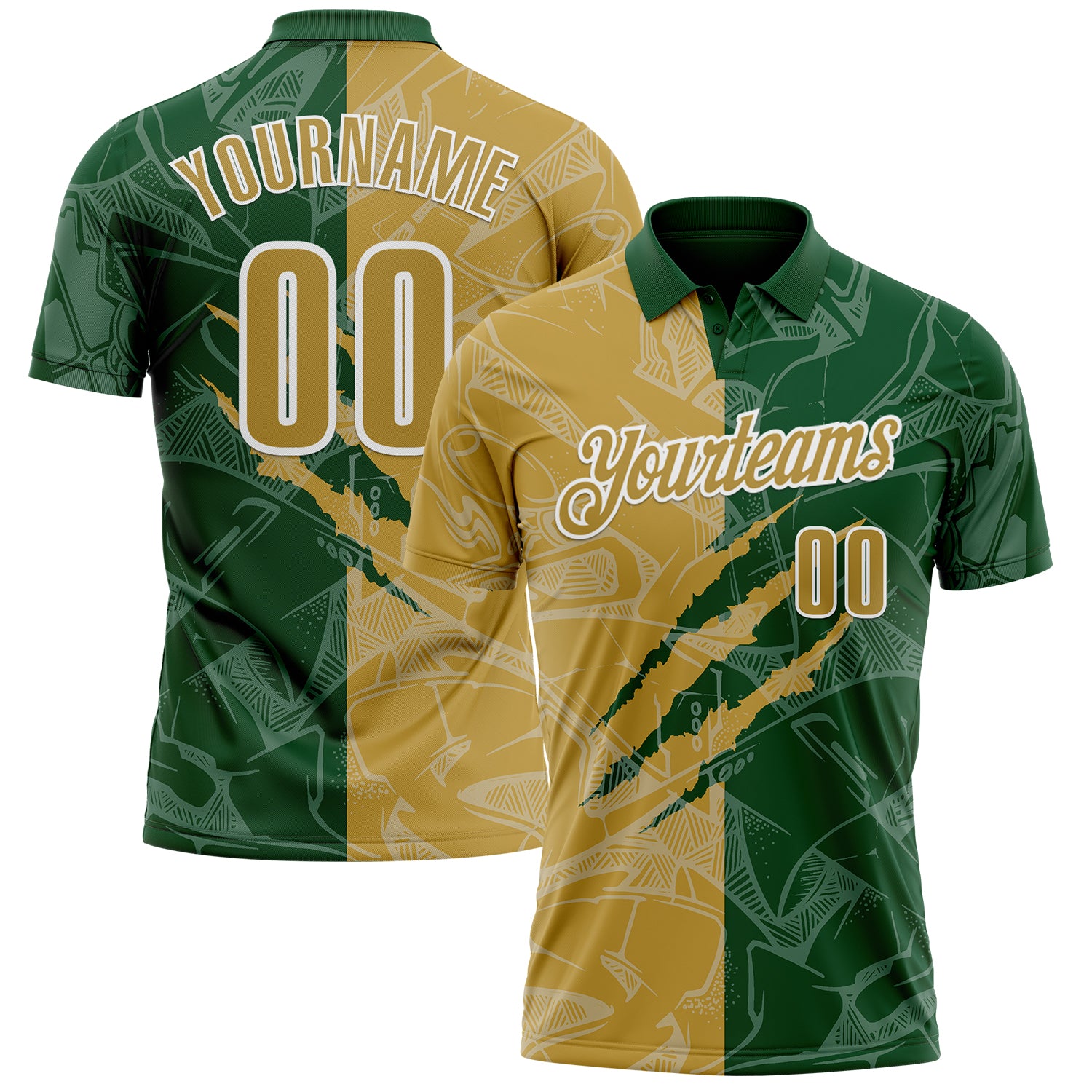 Custom Graffiti Pattern Old Gold Green-White 3D Scratch Performance Polo Shirt