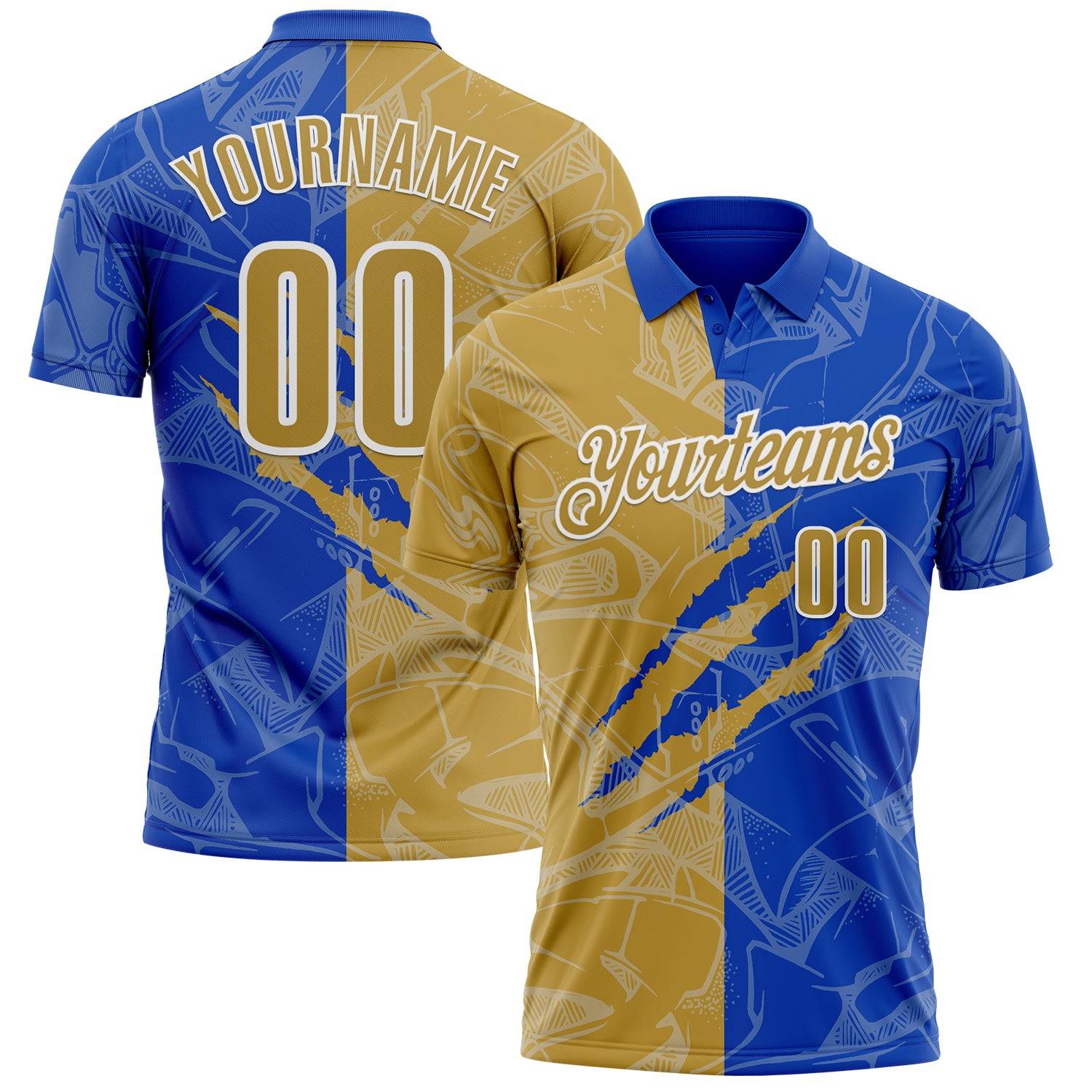 Custom Graffiti Pattern Old Gold Thunder Blue-White 3D Scratch Performance Polo Shirt