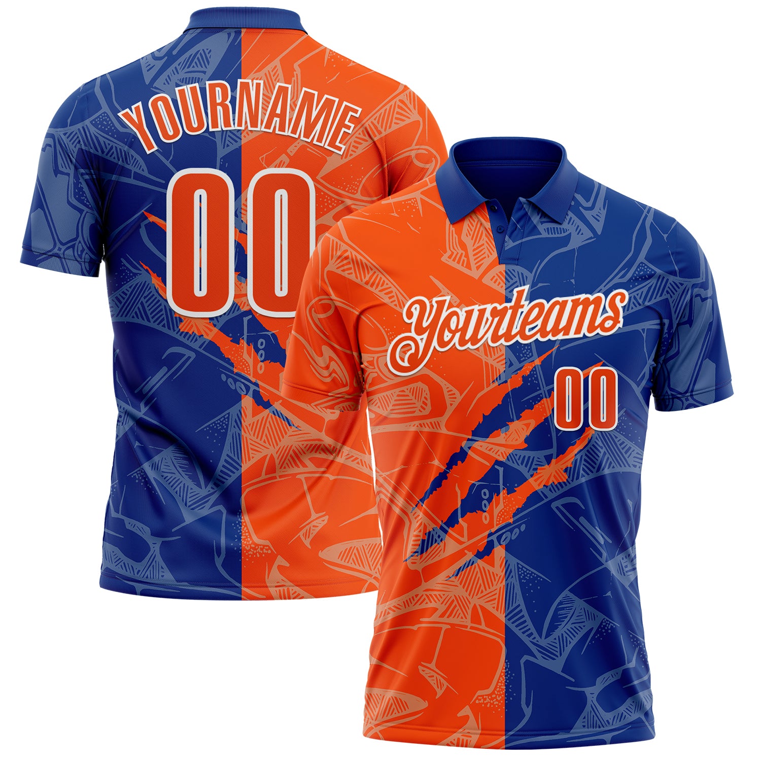 Custom Graffiti Pattern Orange Royal-White 3D Scratch Performance Polo Shirt