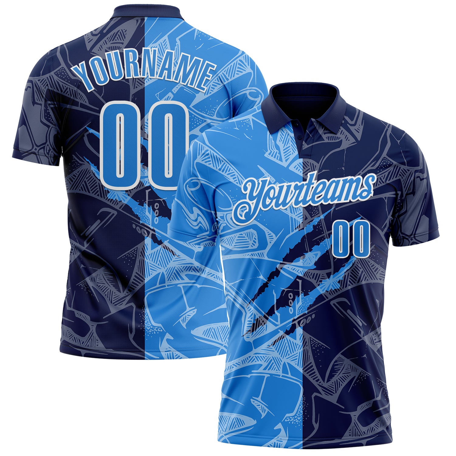 Custom Graffiti Pattern Powder Blue Navy-White 3D Scratch Performance Polo Shirt