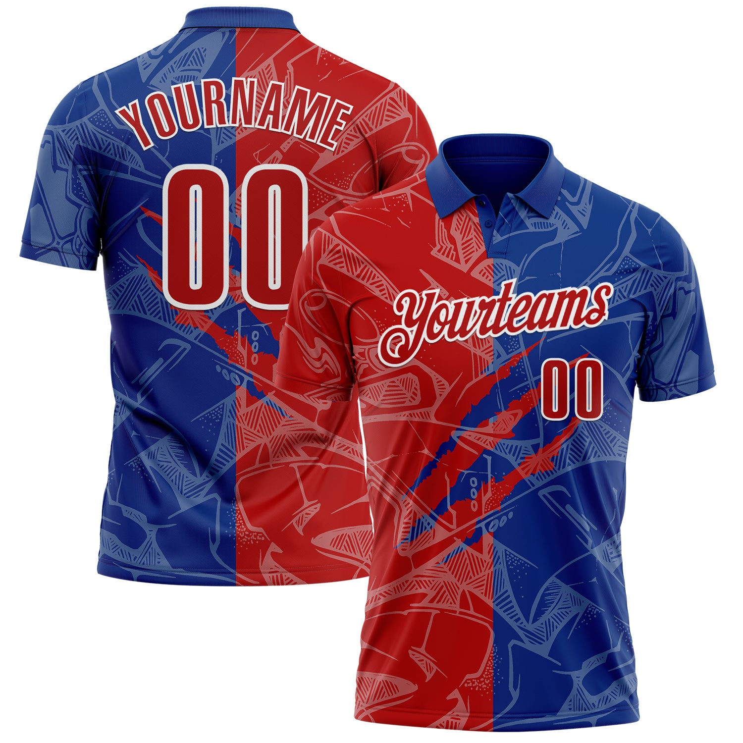 Custom Graffiti Pattern Red Royal-White 3D Scratch Performance Polo Shirt