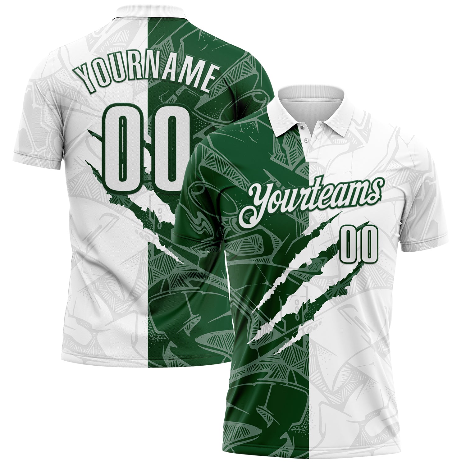Custom Graffiti Pattern White-Green 3D Scratch Performance Polo Shirt