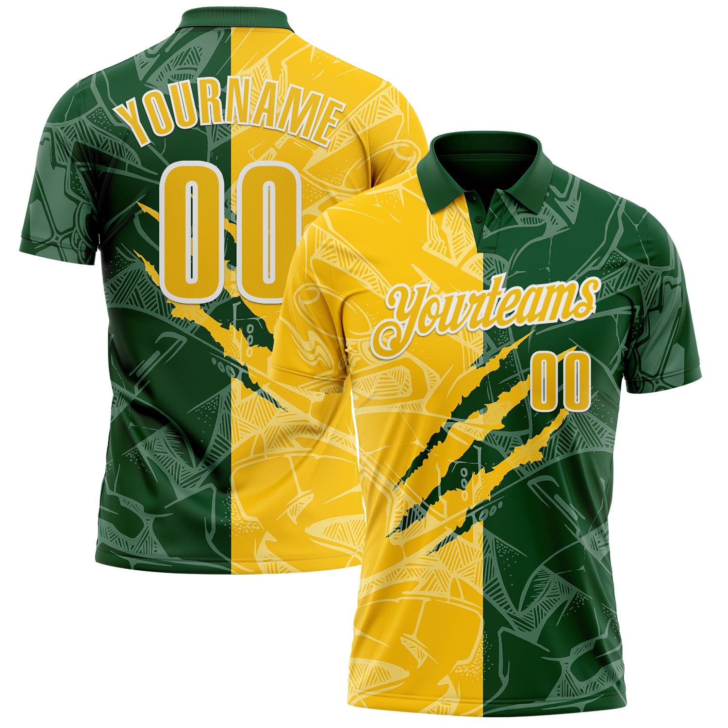 Custom Graffiti Pattern Yellow Green-White 3D Scratch Performance Polo Shirt