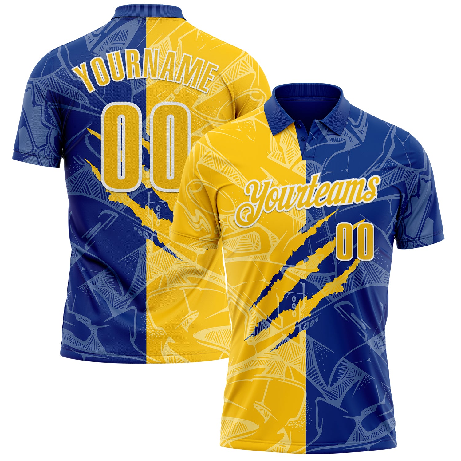 Custom Graffiti Pattern Yellow Royal-White 3D Scratch Performance Polo Shirt