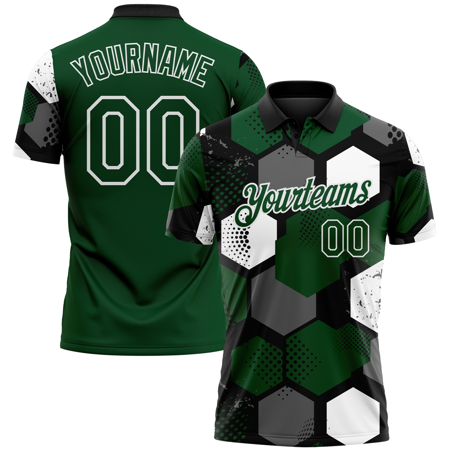 Custom Green Black Gray-White Modern Geometric Tech Hexagon Grid Performance Polo Shirt