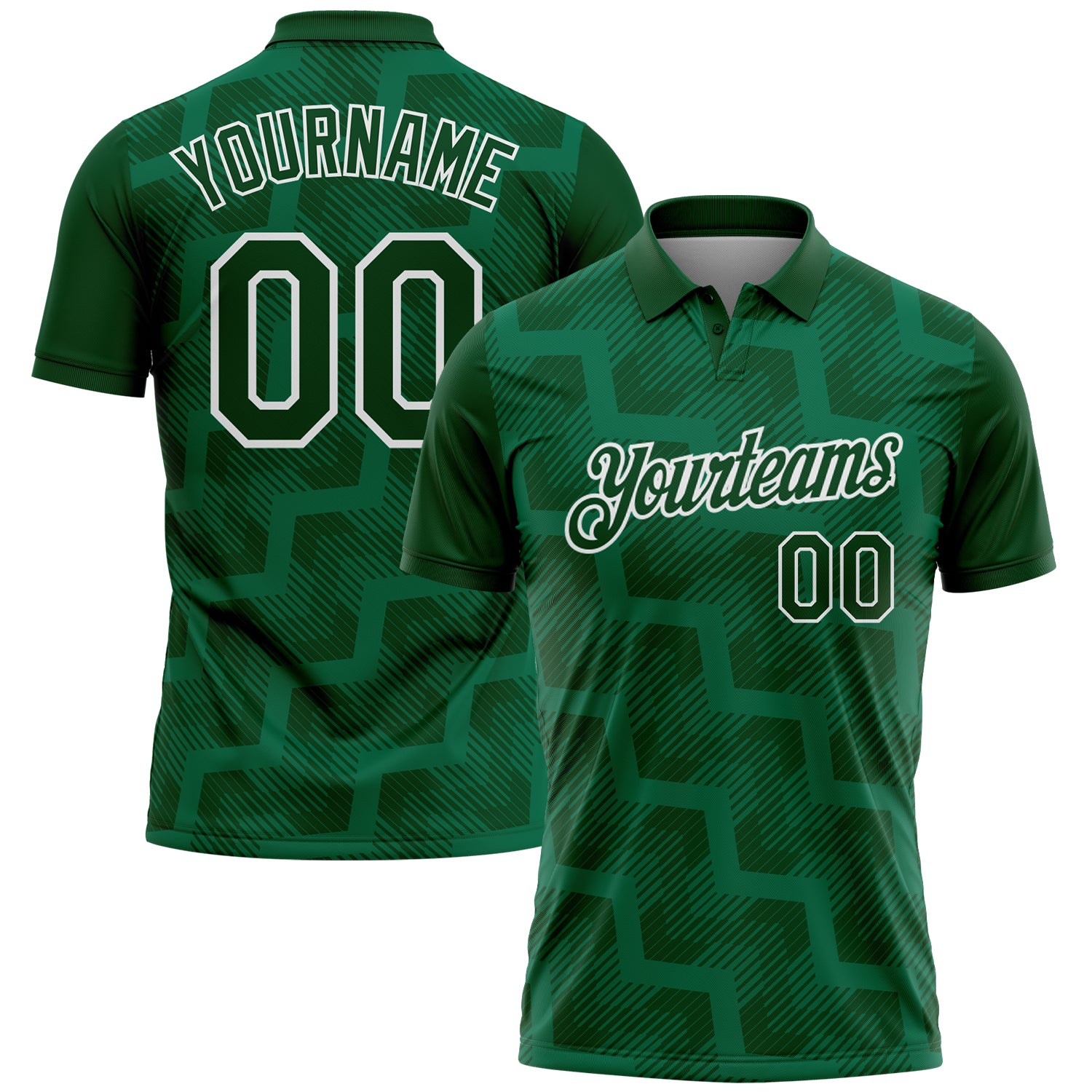 Custom Green Kelly Green-White Geometric Block Diagonal Line Hatching Performance Polo Shirt
