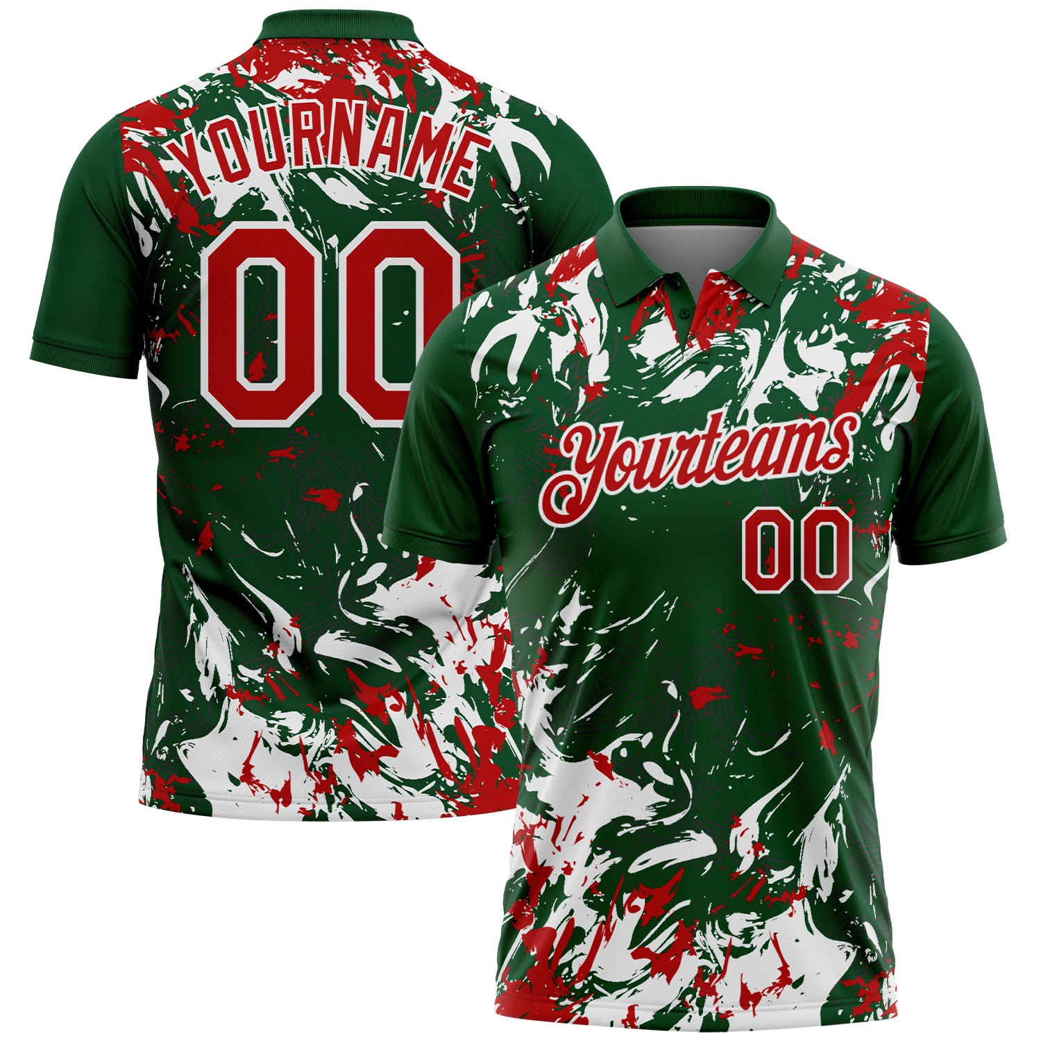 Custom Green Red-White Dynamic Splatter Brush Stroke Performance Polo Shirt