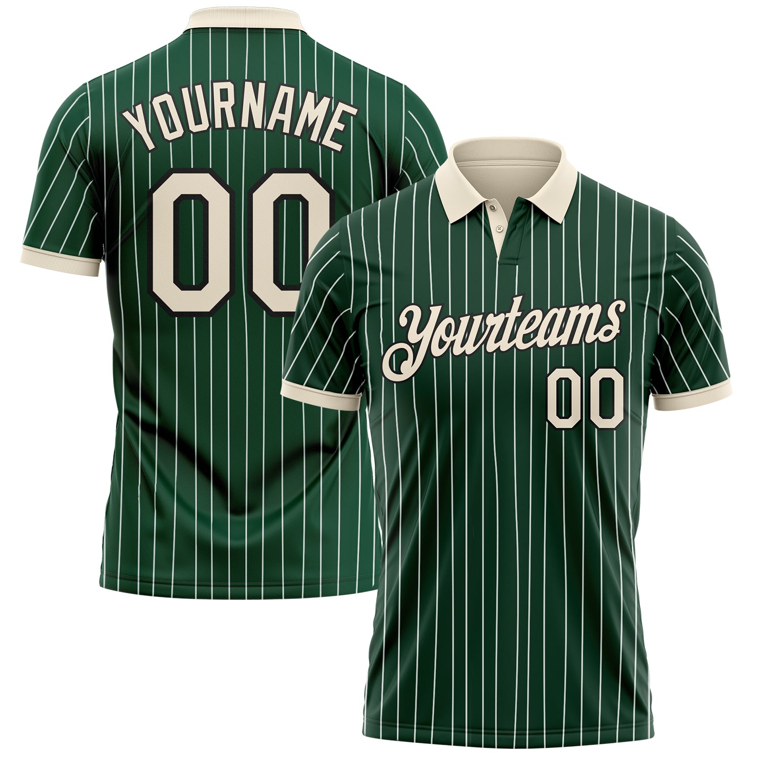 Custom Green White Pinstripe Cream-Black Performance Polo Shirt