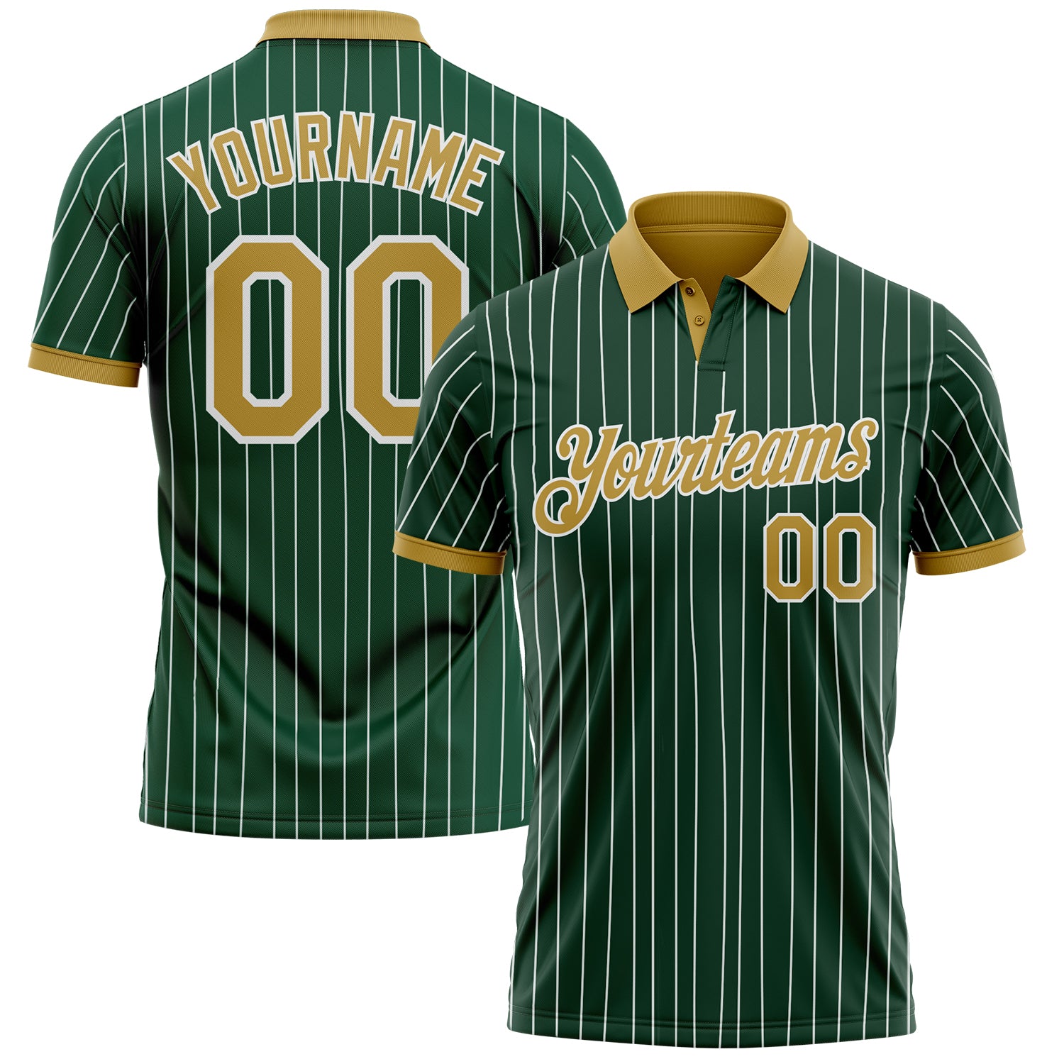 Custom Green White Pinstripe-Old Gold Performance Polo Shirt