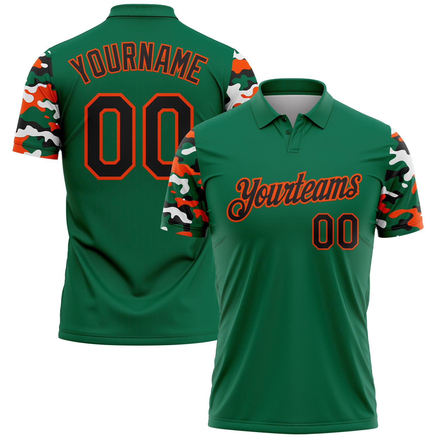 Custom Kelly Green Black Orange-White Digital Camo Two Tone Performance Polo Shirt