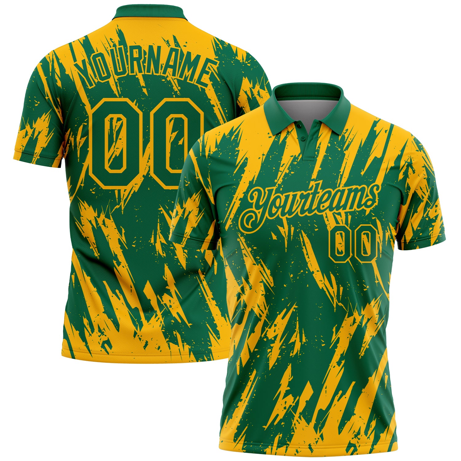 Custom Kelly Green-Gold Torn Sharp Brush Stroke Splatter Performance Polo Shirt