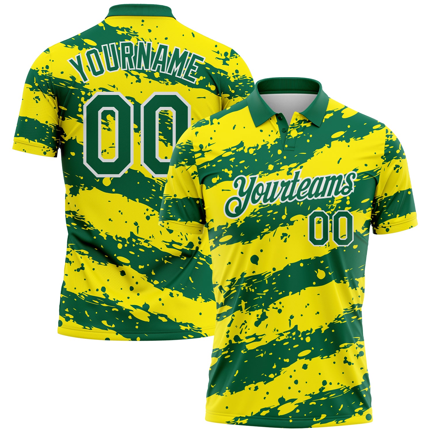 Custom Kelly Green Light Yellow-White Paint Splash Stripe Performance Polo Shirt