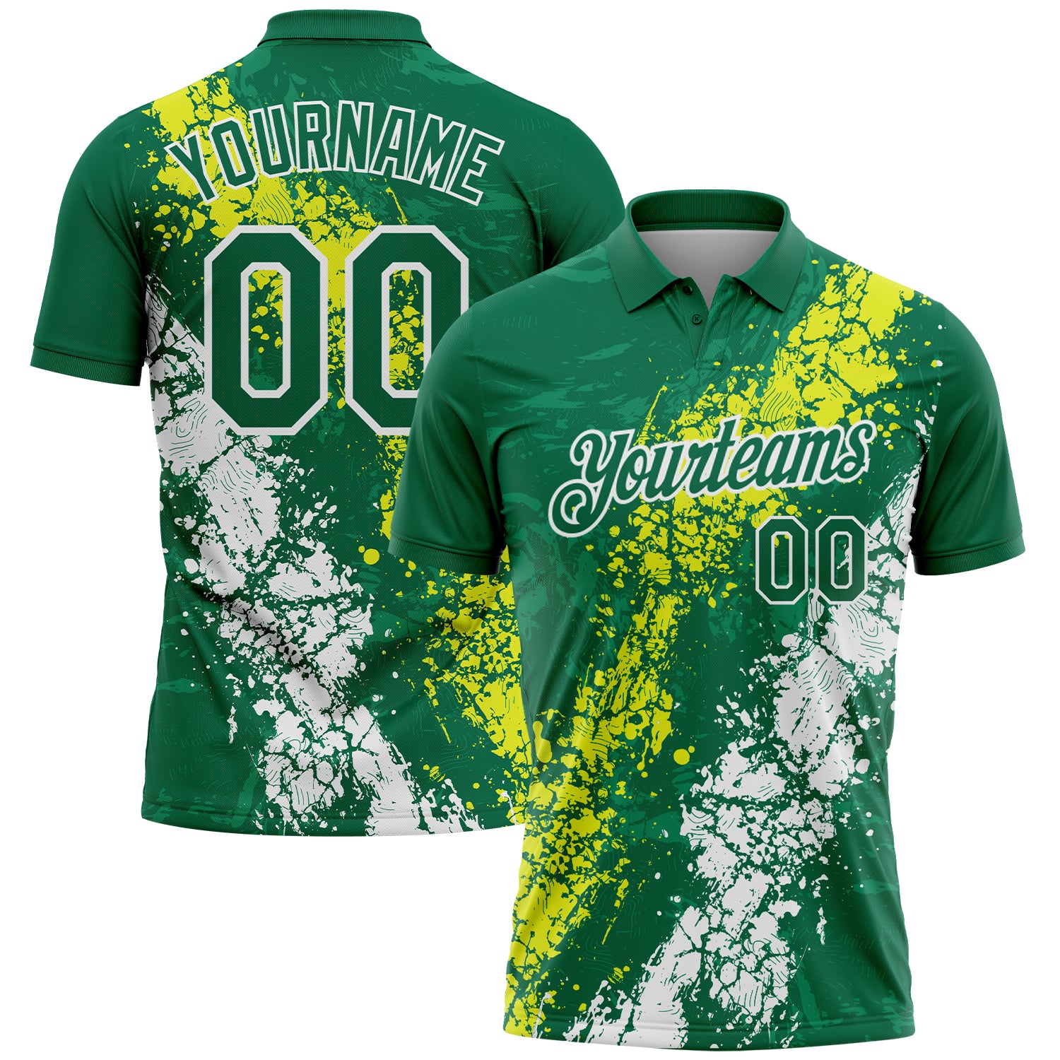 Custom Kelly Green Neon Yellow-White Dripping Splatter Cracked Texture Performance Polo Shirt