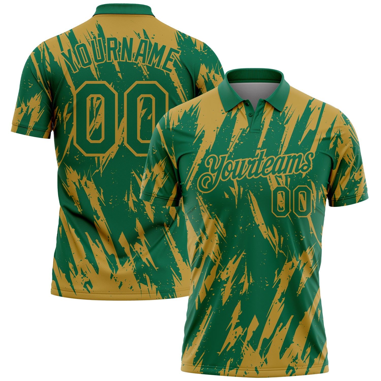 Custom Kelly Green-Old Gold Torn Sharp Brush Stroke Splatter Performance Polo Shirt