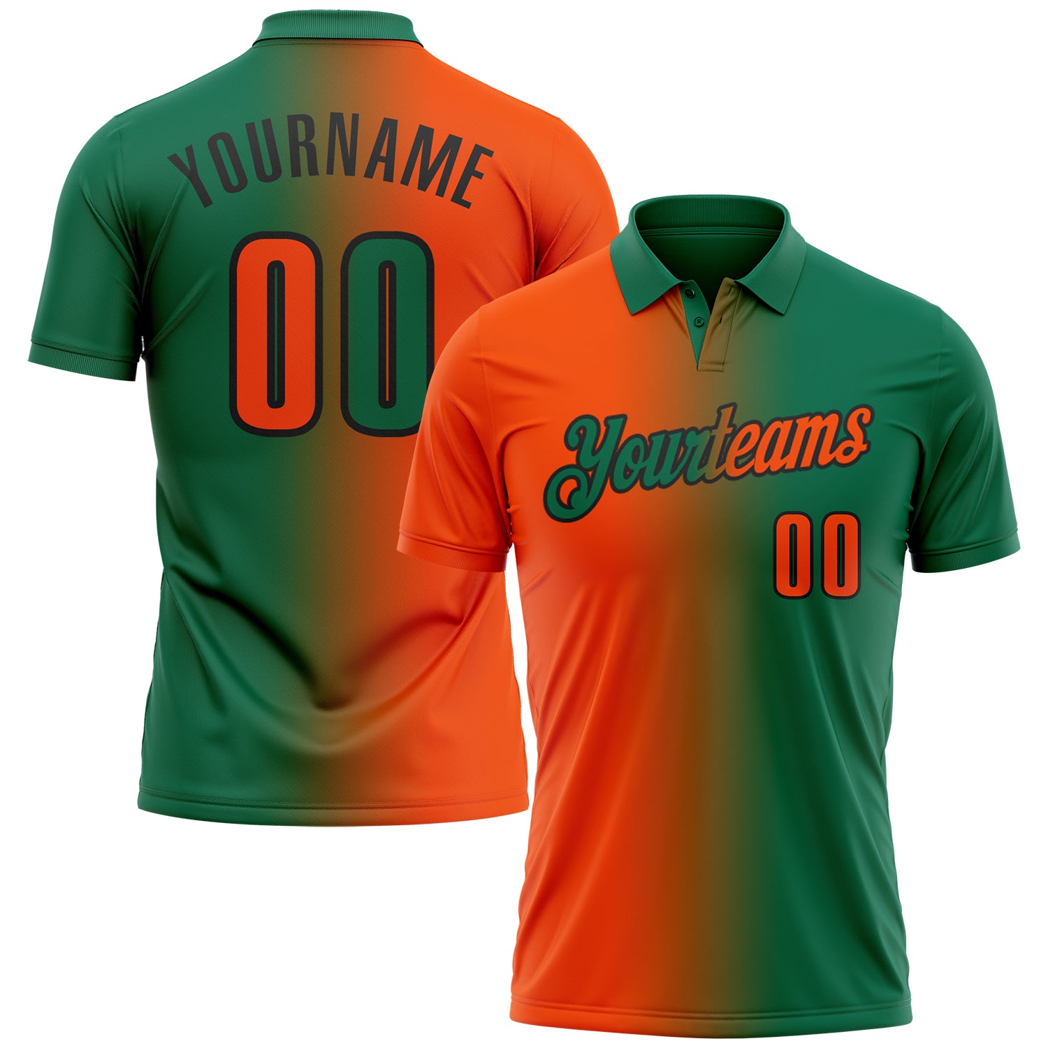 Custom Kelly Green Orange-Black 3D Gradient Fashion Performance Polo Shirt