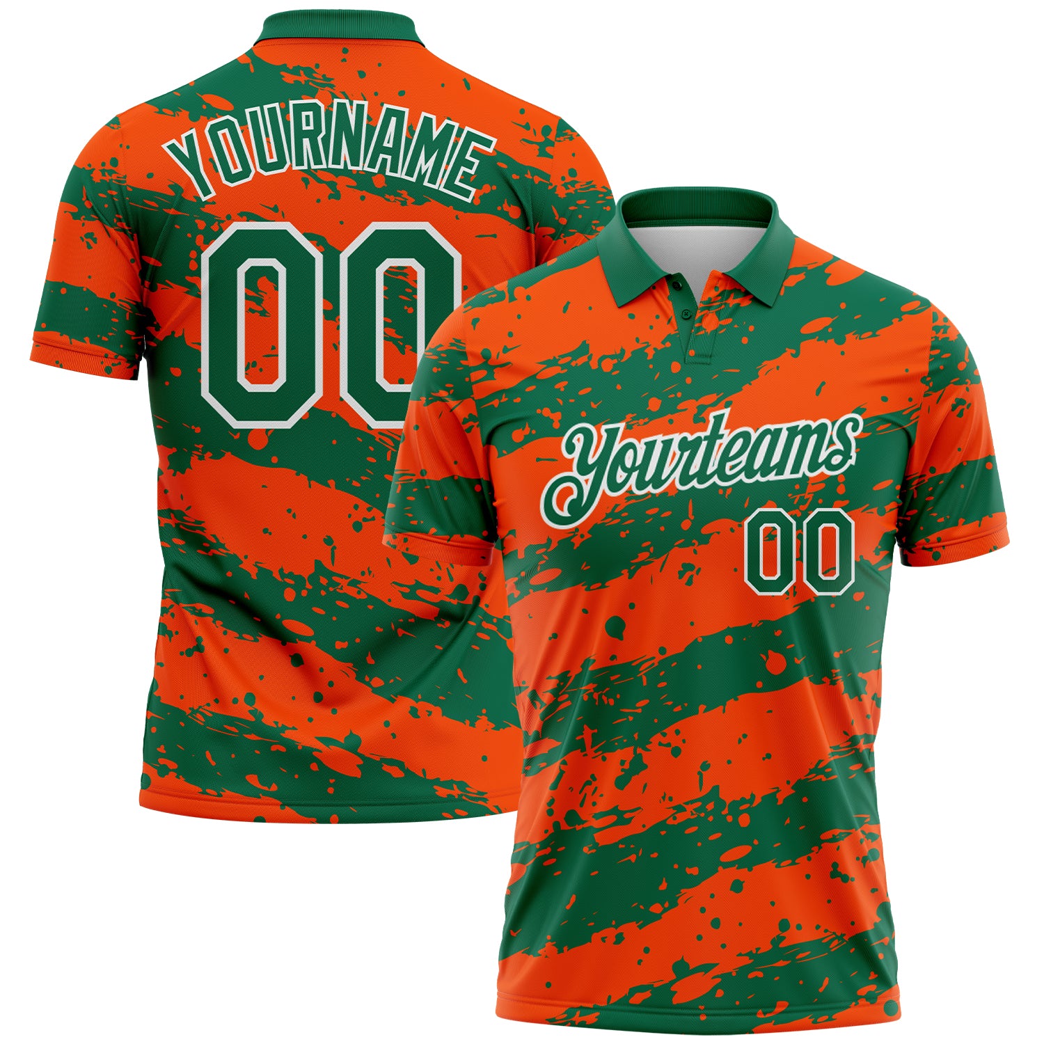 Custom Kelly Green Orange-White Paint Splash Stripe Performance Polo Shirt
