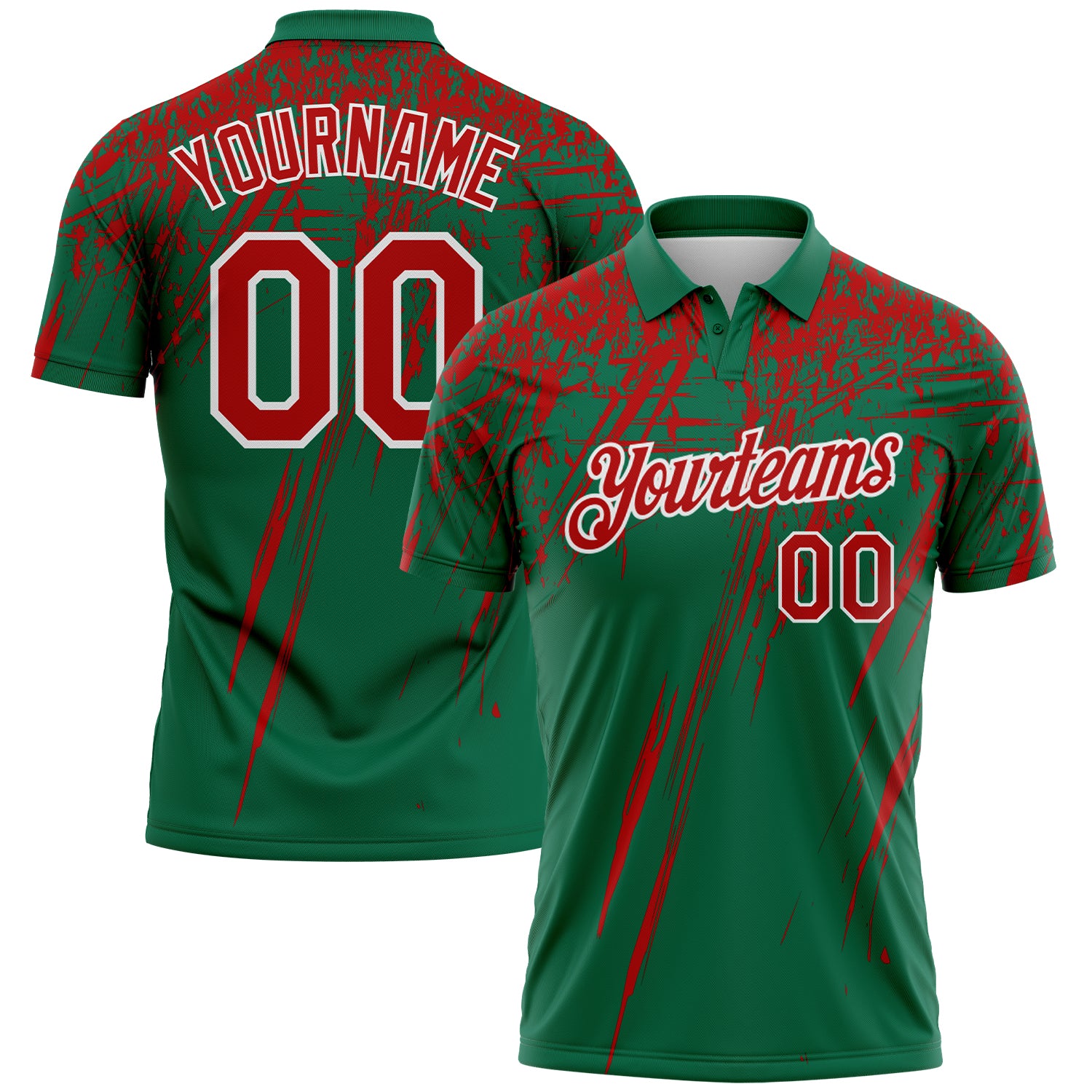 Custom Kelly Green Red-White Distressed Scratch Brush Stroke Performance Polo Shirt