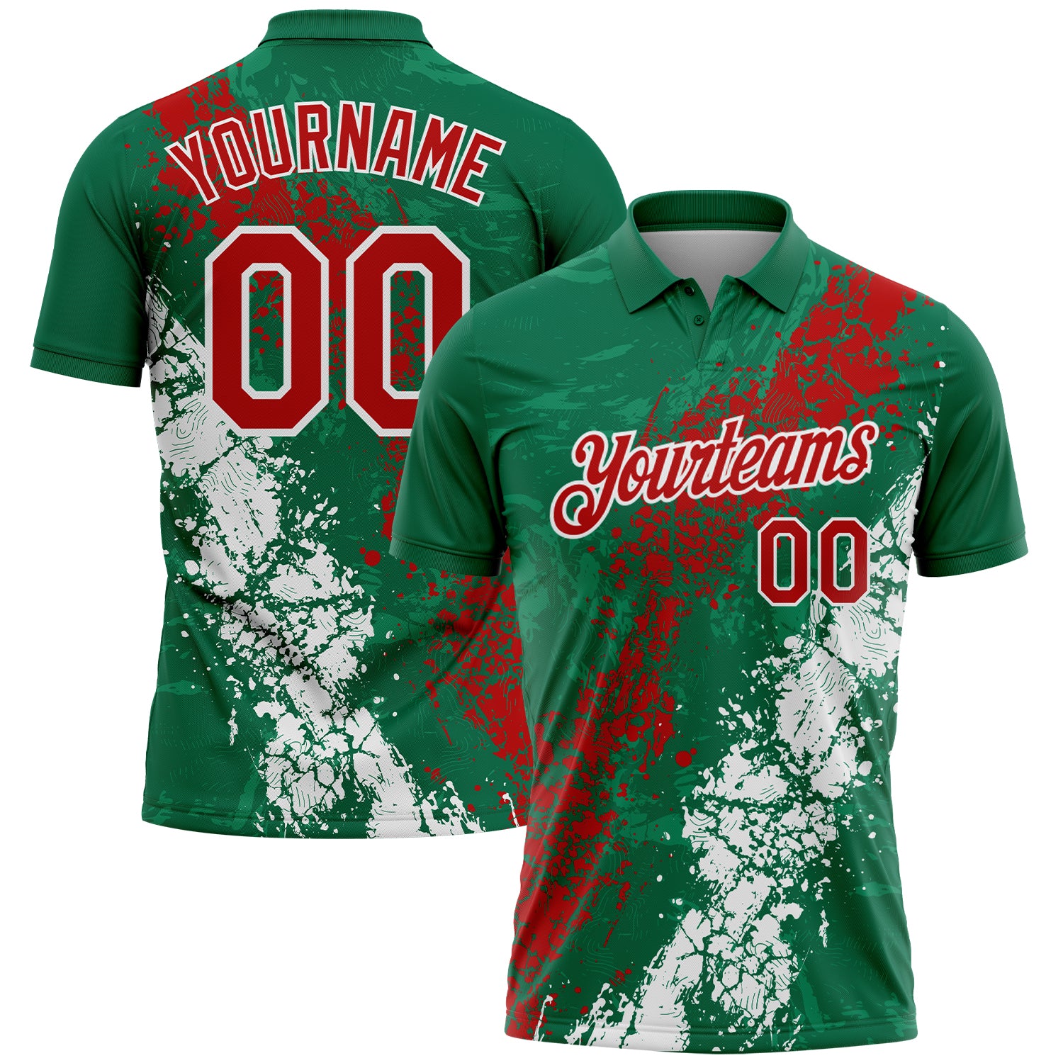 Custom Kelly Green Red-White Dripping Splatter Cracked Texture Performance Polo Shirt