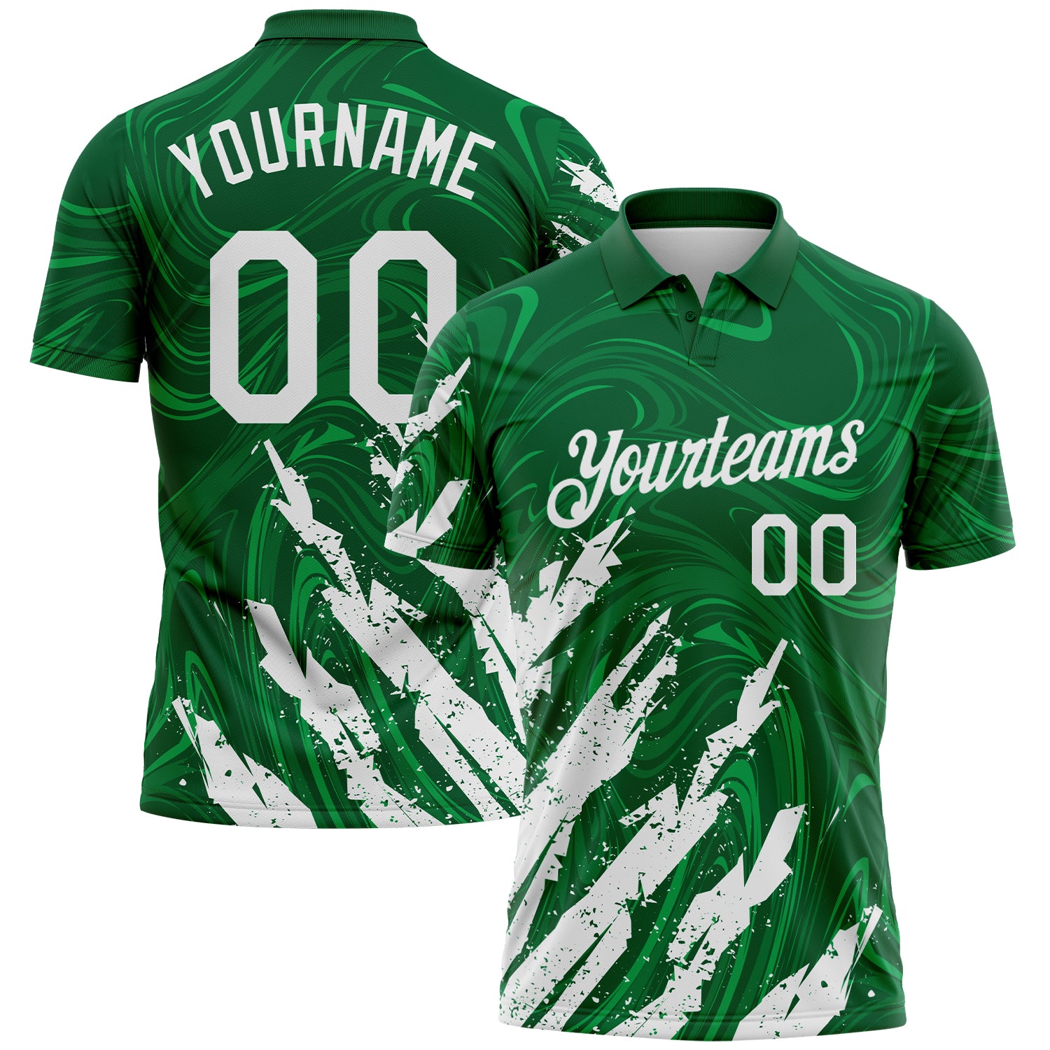 Custom Kelly Green-White Brush Stroke Splatter Liquid Swirl Performance Polo Shirt