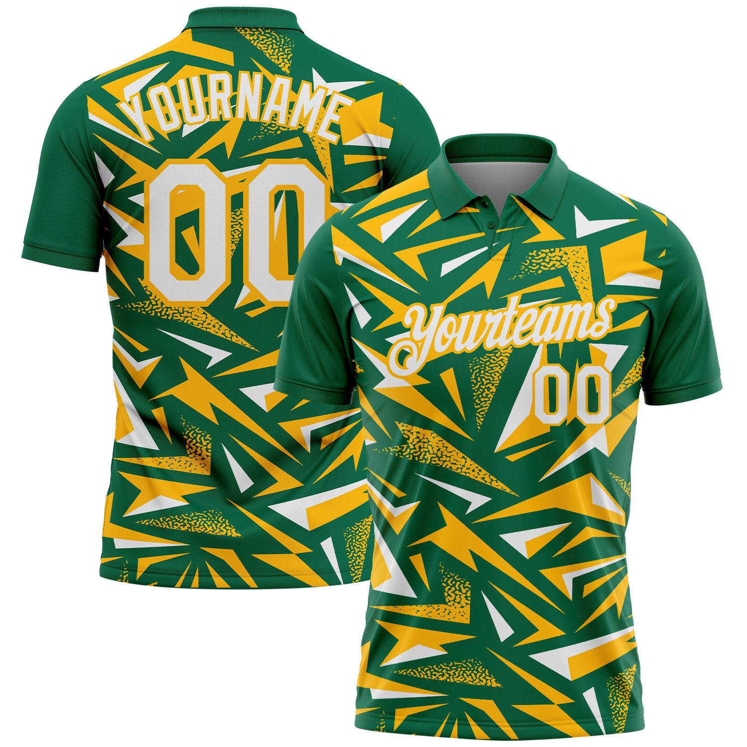 Custom Kelly Green White-Gold Cyber Mecha E-sport Geometric Shards Spike Performance Polo Shirt